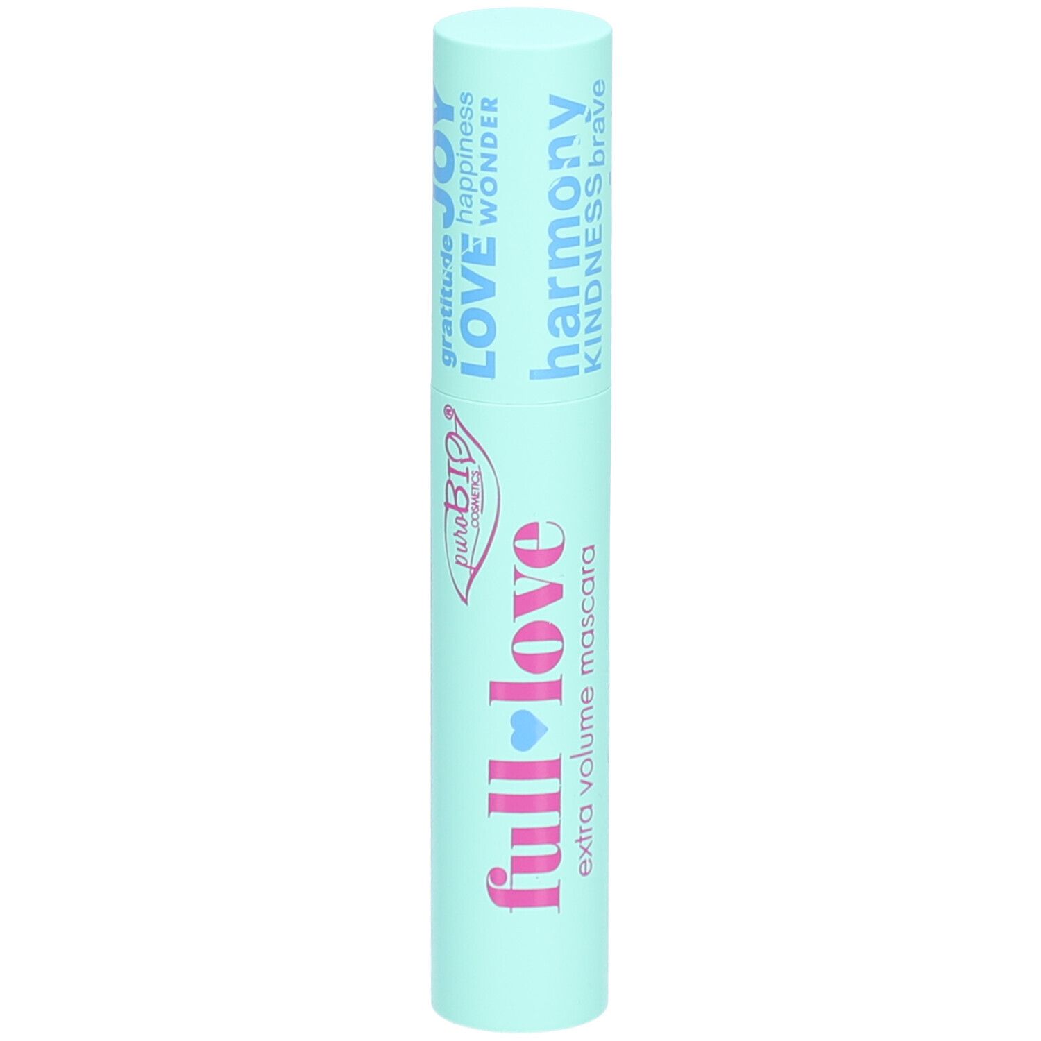 Hellgrüner Mascara-Tube mit Aufschrift "full love" und "extra volume mascara".