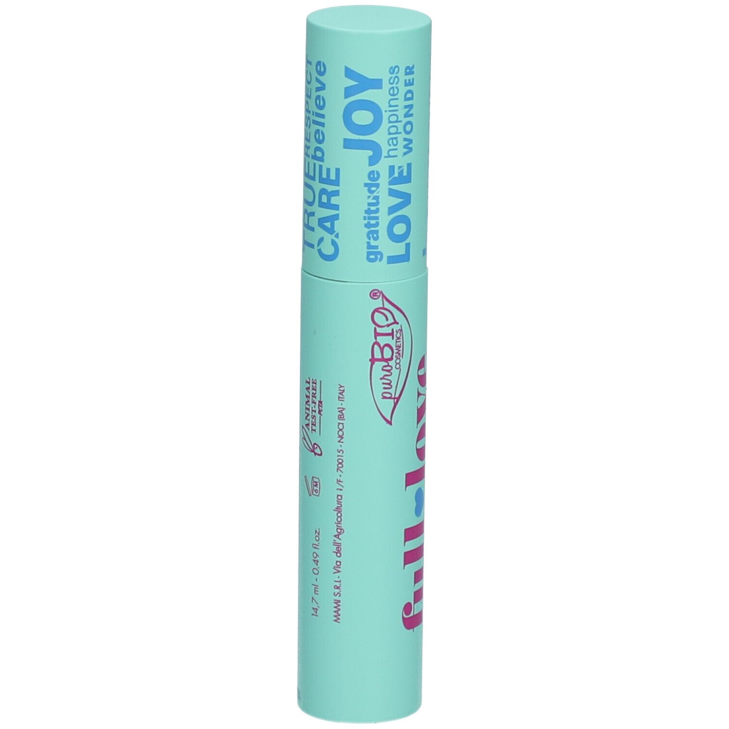 Hellgrüner Mascara-Tube mit Aufschrift "full love" und "extra volume mascara".