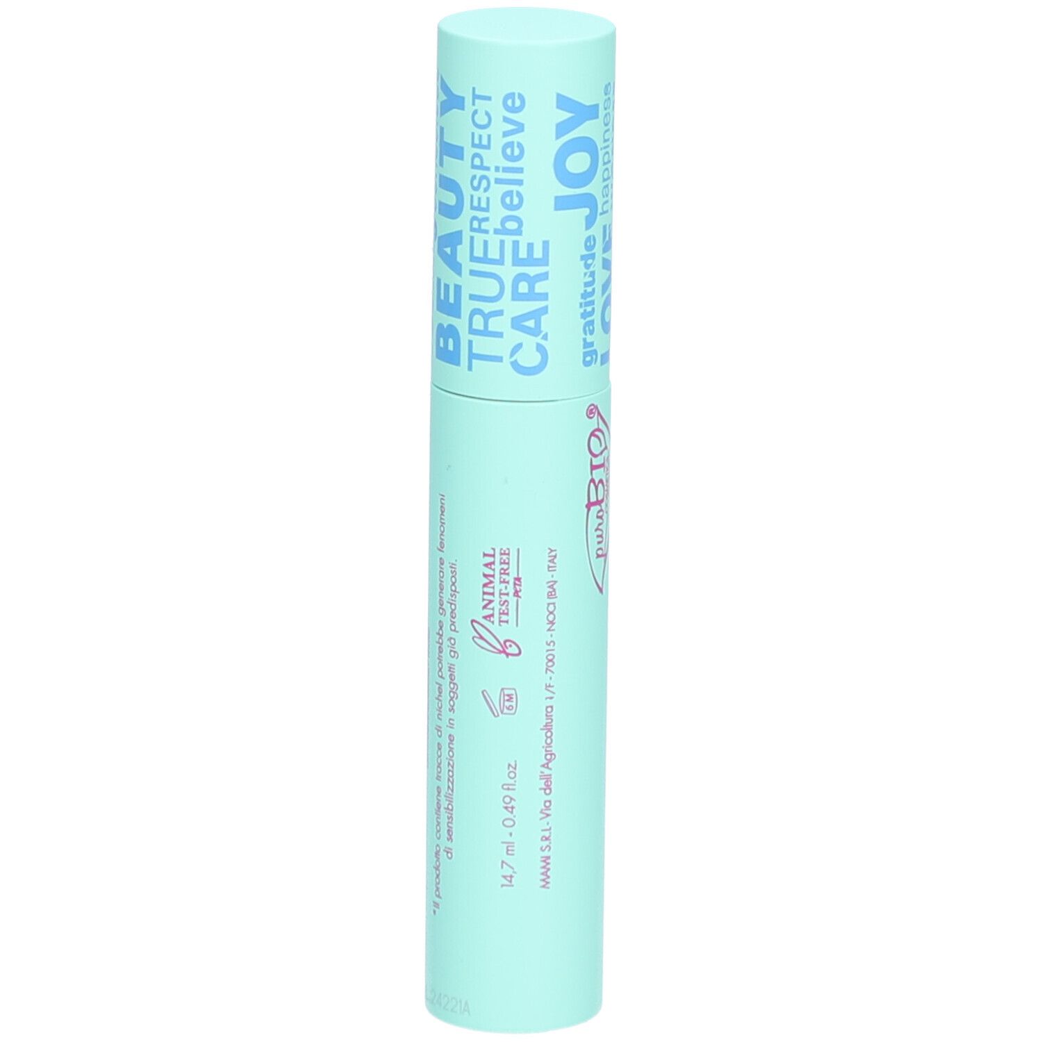 Hellgrüner Mascara-Tube mit Aufschrift "full love" und "extra volume mascara".