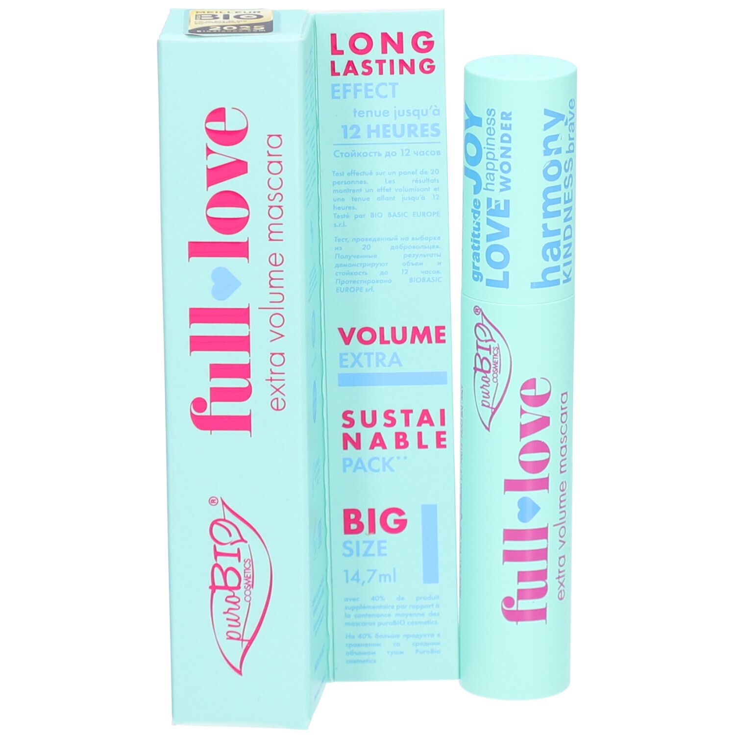 Mascara-Tube und Verpackung. Aufschrift "full love" und "extra volume mascara".