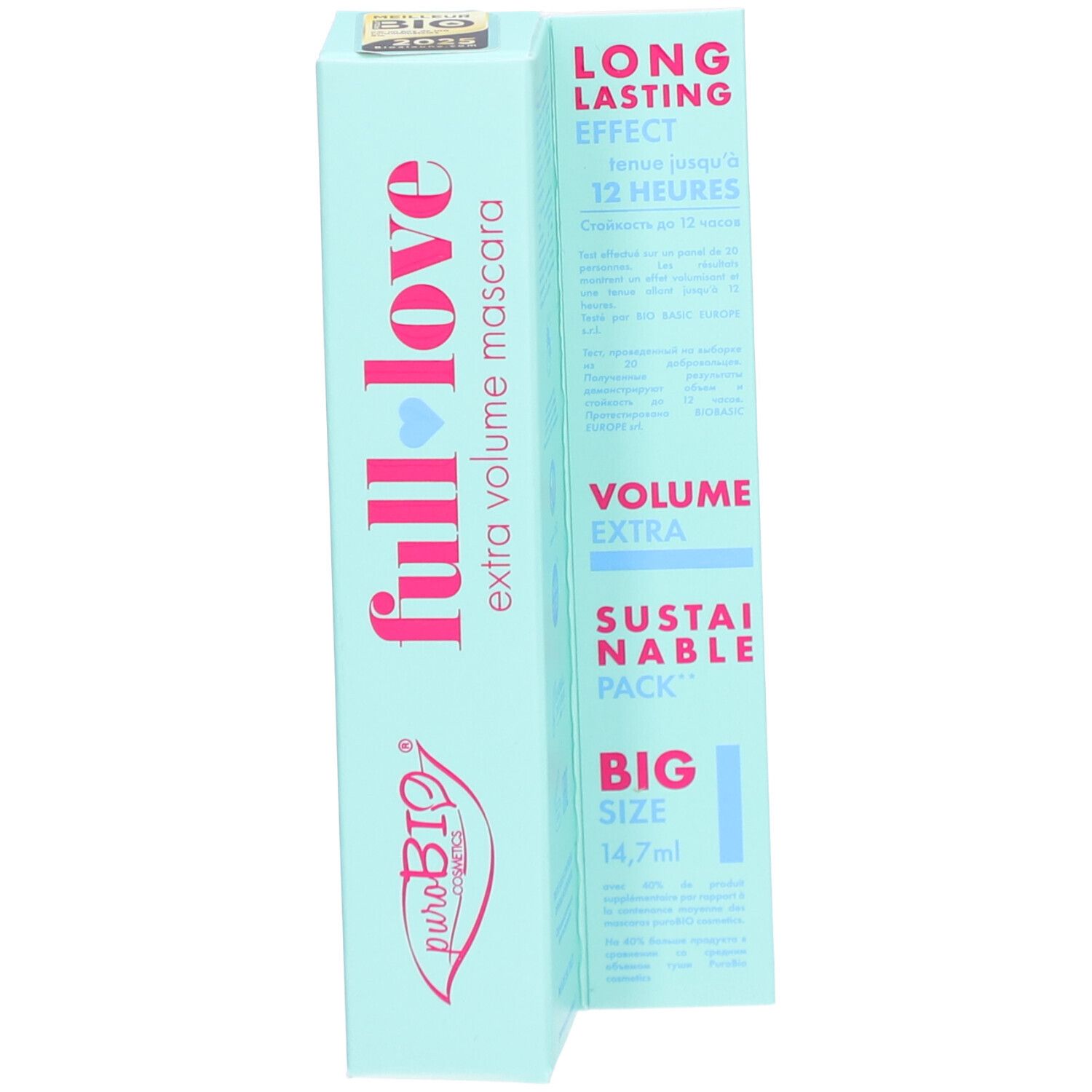 Mascara-Tube und Verpackung. Aufschrift "full love" und "extra volume mascara".