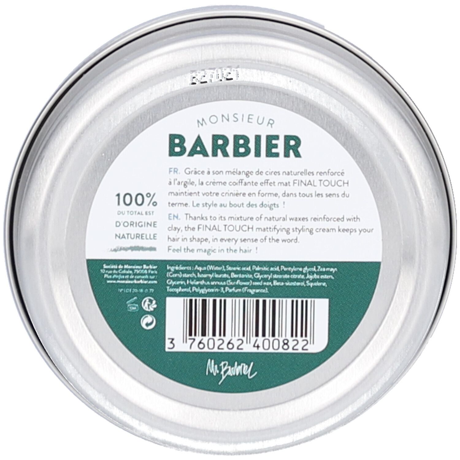 Runde Dose. Aufschrift: MONSIEUR BARBIER. Text und Inhaltsstoffe. 100% natürliche Inhaltsstoffe. Barcode.