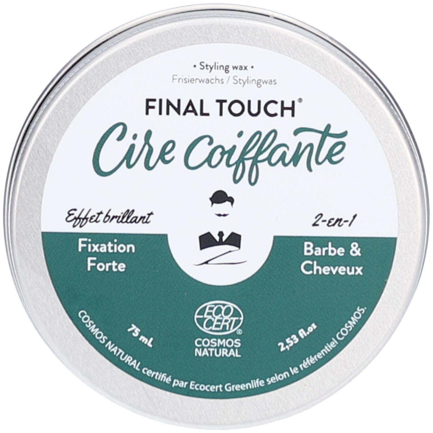 Runde Dose mit grünem Etikett. Aufschrift: "Cire Coiffante", "Fixation Forte", "2-en-1 Barbe & Cheveux". ECOCERT-Zertifizierung.
