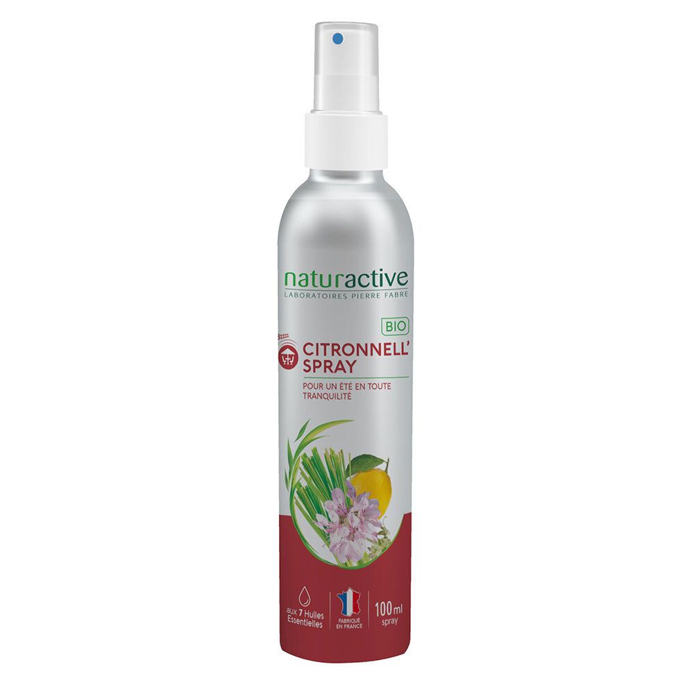 Zylindrische Sprühflasche. Naturactive Citronnell' Spray Bio. Roter und silberner Hintergrund. 7 ätherische Öle.