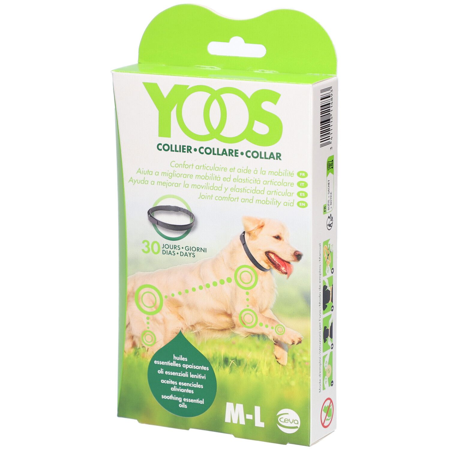 Verpackung YOOS Hundehalsband. Weiß, grün. Hund mit Halsband abgebildet. Text: COLLIER, 30 Tage, M-L.