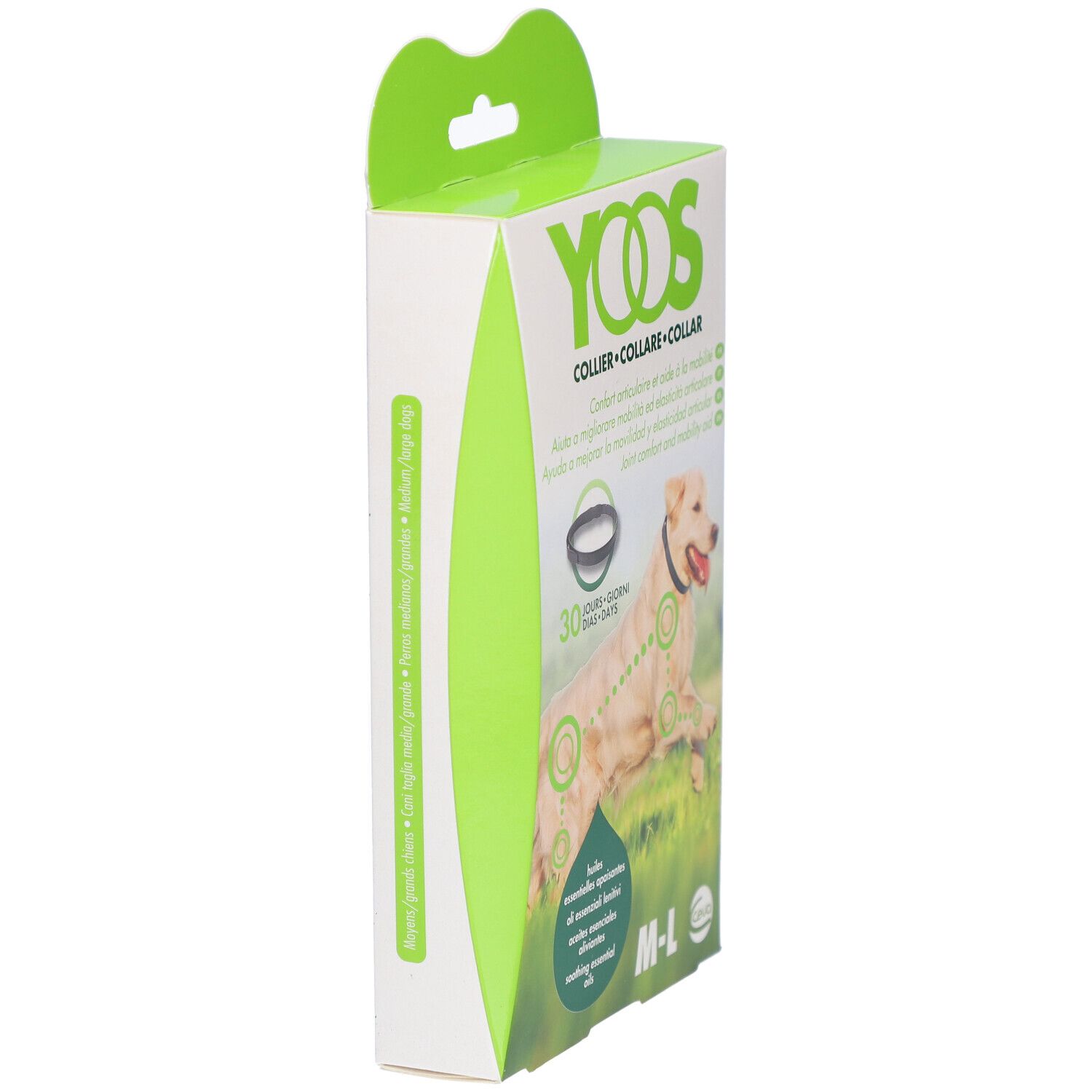 YOOS Hundehalsband-Verpackung, Seitenansicht. Weiß, grün. Text: COLLIER, M-L. Hund mit Halsband abgebildet.