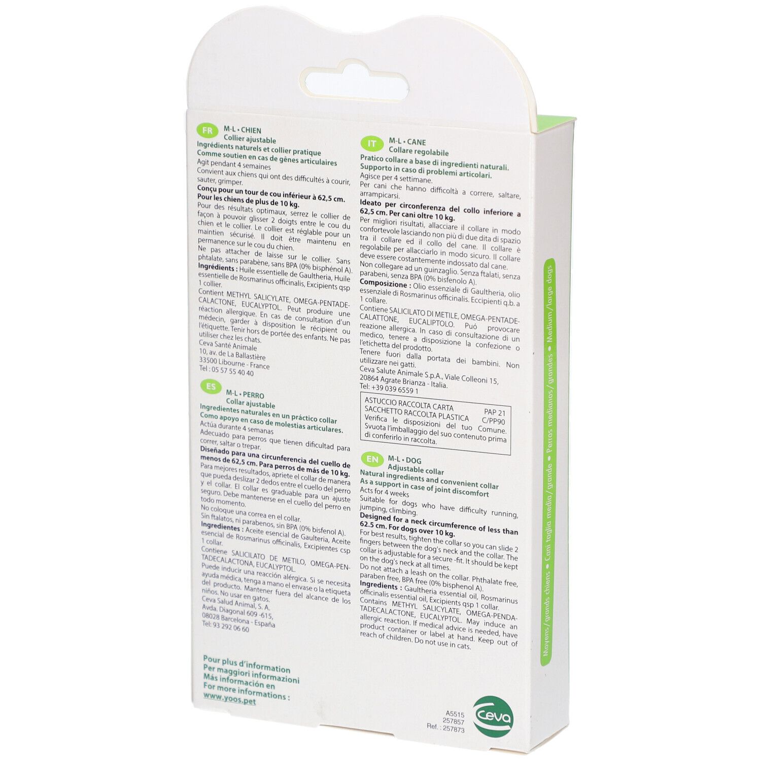 Rückseite der YOOS Hundehalsband-Verpackung. Text in mehreren Sprachen. Zutatenliste, Größenangaben, Hersteller.