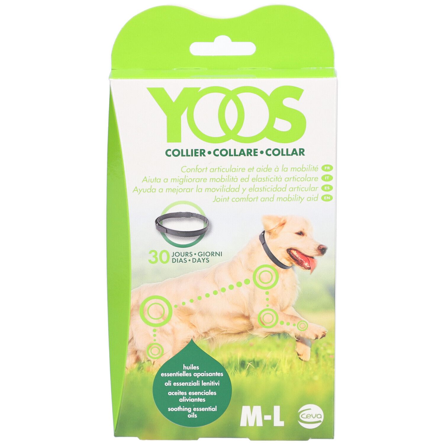 YOOS Hundehalsband-Verpackung. Weiß, grün. Hund mit Halsband abgebildet. Text: COLLIER, 30 Tage, M-L.