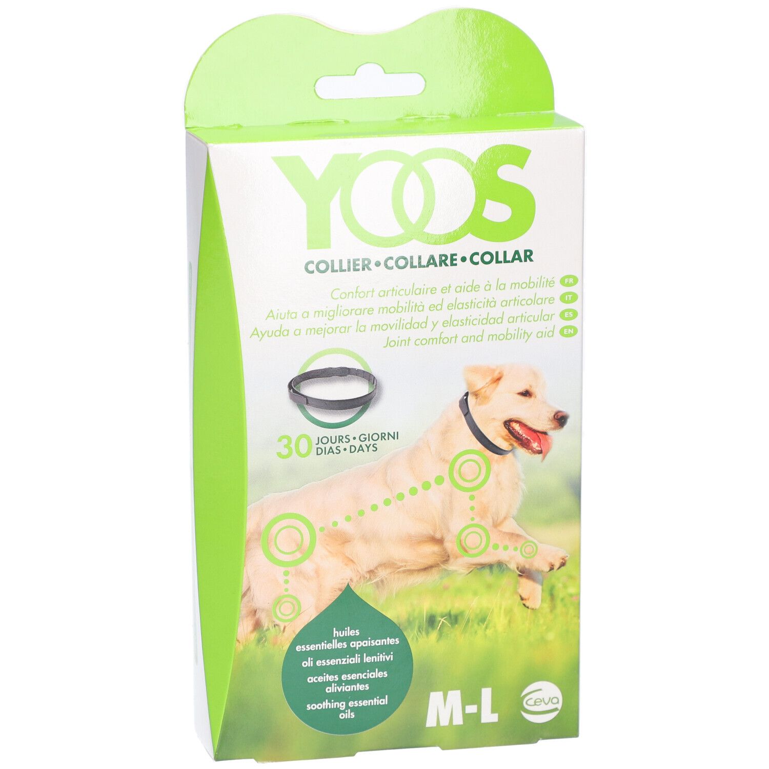 YOOS Hundehalsband-Verpackung. Weiß, grün. Hund mit Halsband abgebildet. Text: COLLIER, 30 Tage, M-L.
