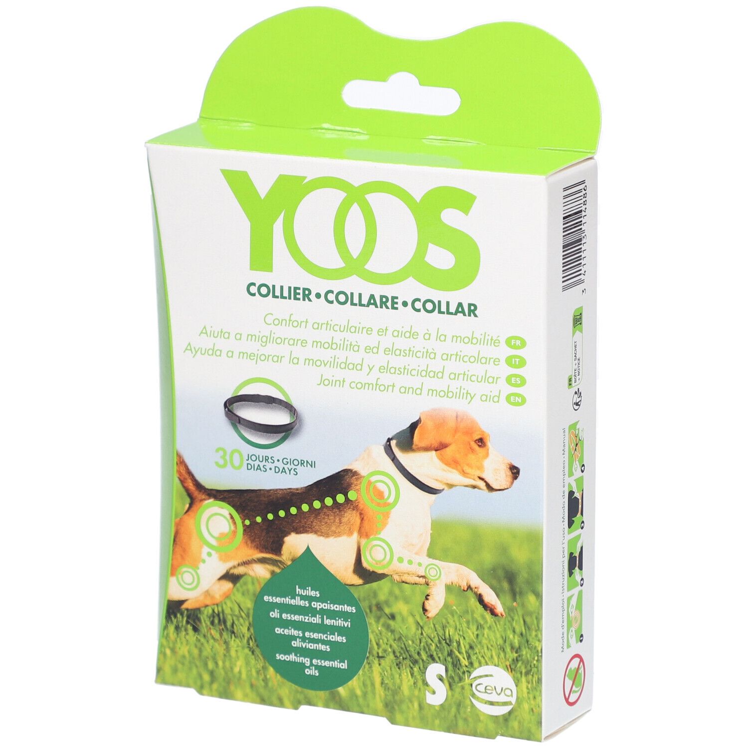 Boîte du collier Ceva® YOOS taille S. Illustration d'un chien avec collier. Contient des huiles essentielles.