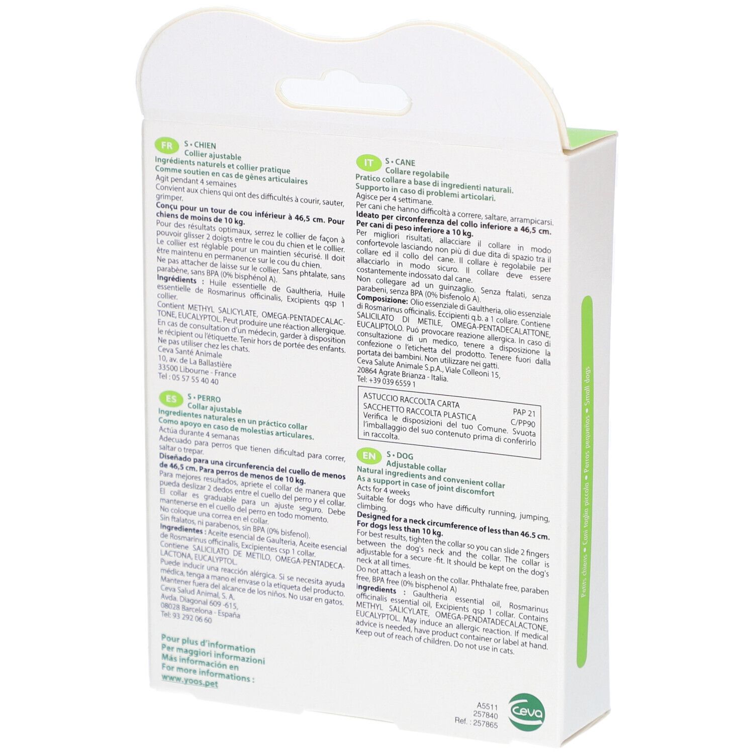 Dos de la boîte du collier Ceva® YOOS. Informations sur les ingrédients et l'utilisation en plusieurs langues.