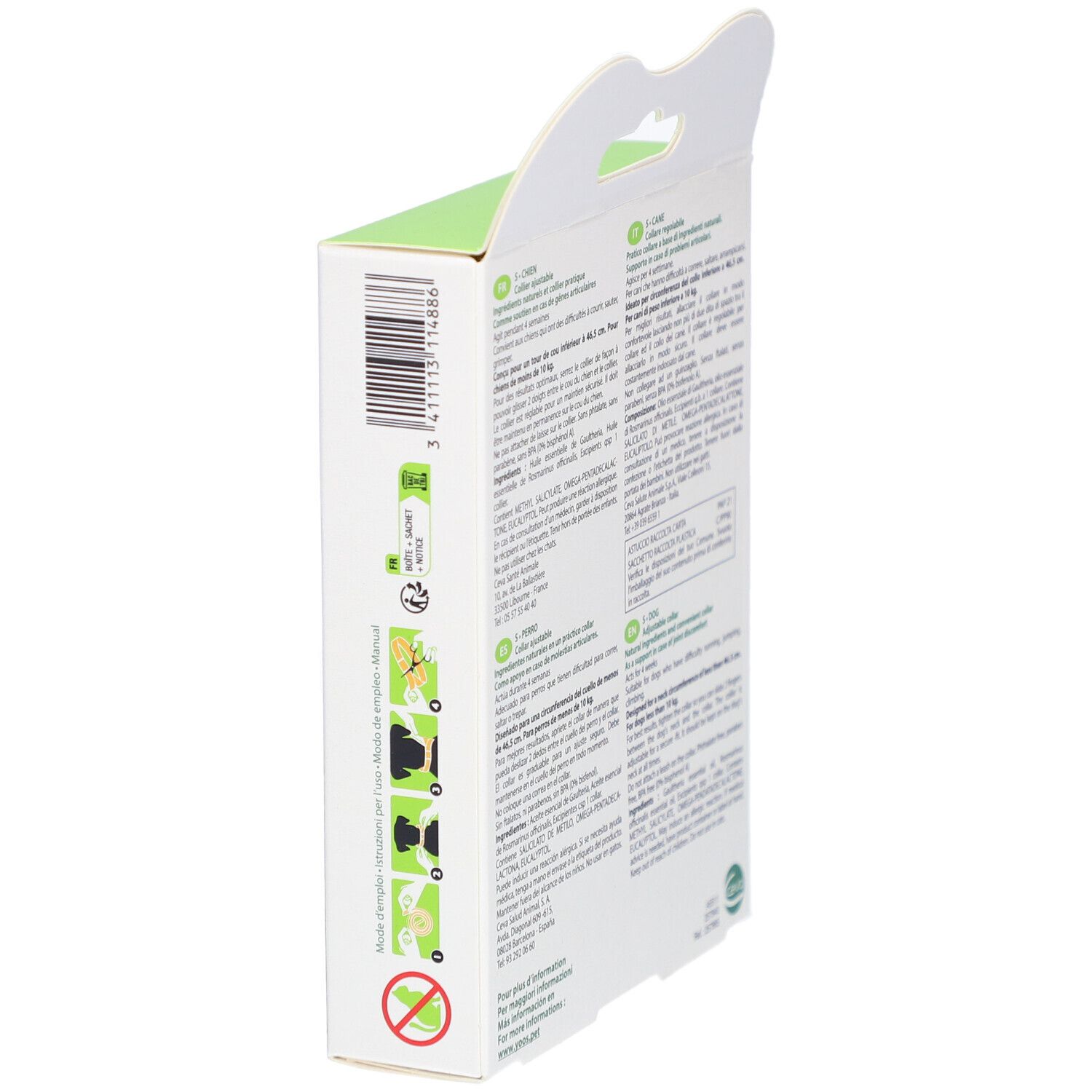 Côté de la boîte du collier Ceva® YOOS. Informations sur les ingrédients et l'utilisation en plusieurs langues.