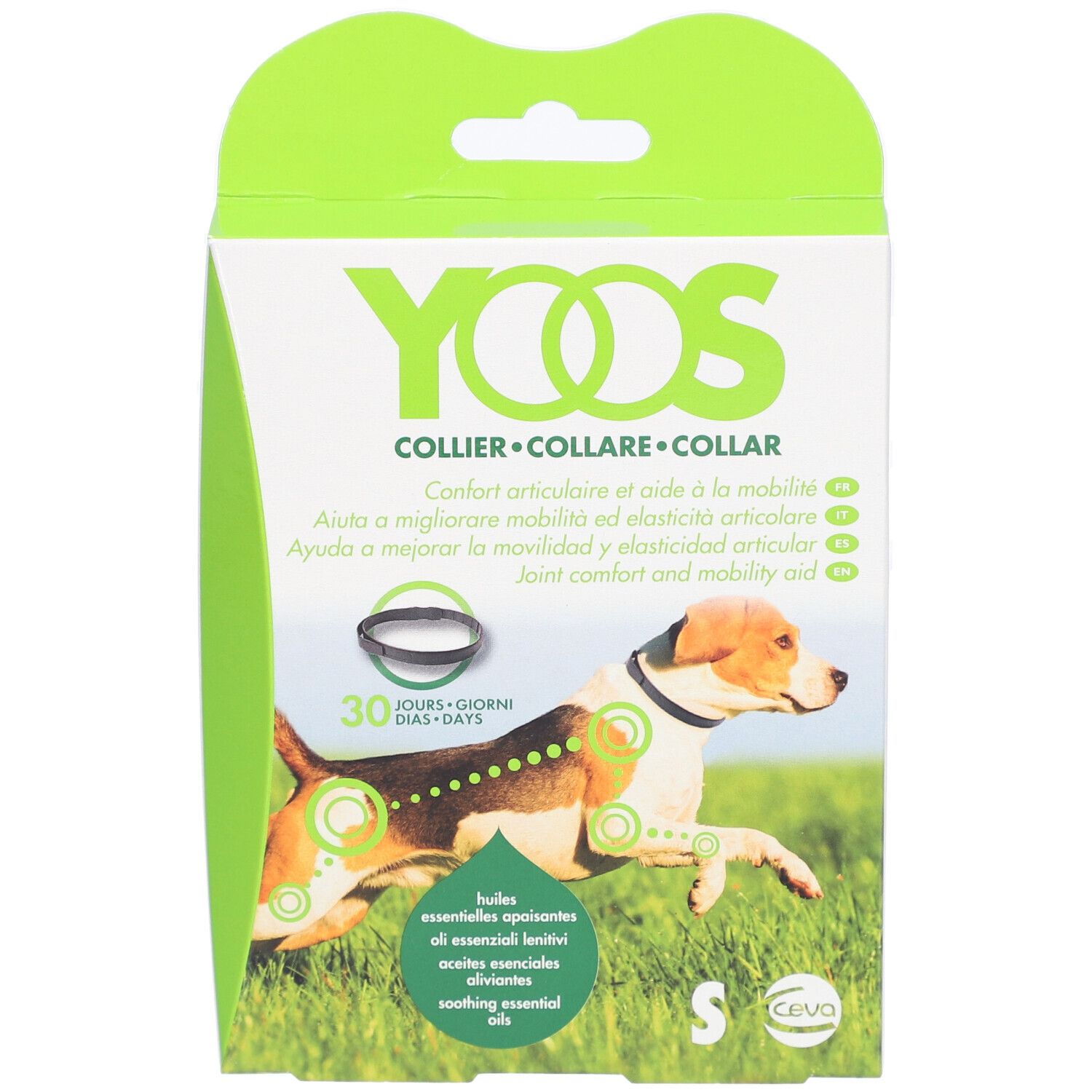 Boîte du collier Ceva® YOOS taille S. Illustration d'un chien avec collier. Contient des huiles essentielles.