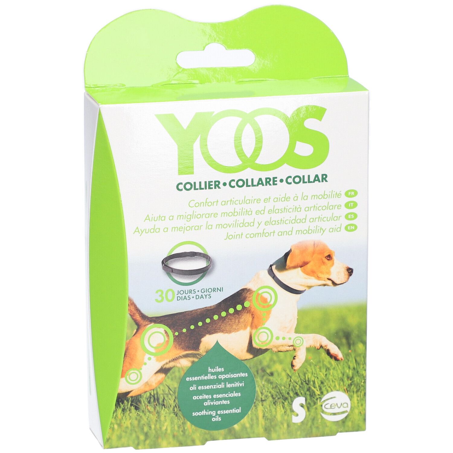 Boîte du collier Ceva® YOOS taille S. Illustration d'un chien avec collier. Contient des huiles essentielles.
