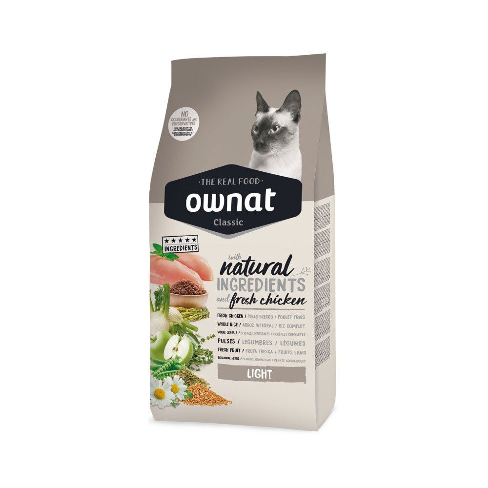 Beutel Ownat Classic Light (CAT). Vorderseite mit Produktbild, Katze, Logo, Text: natürliche Zutaten, frisches Huhn.
