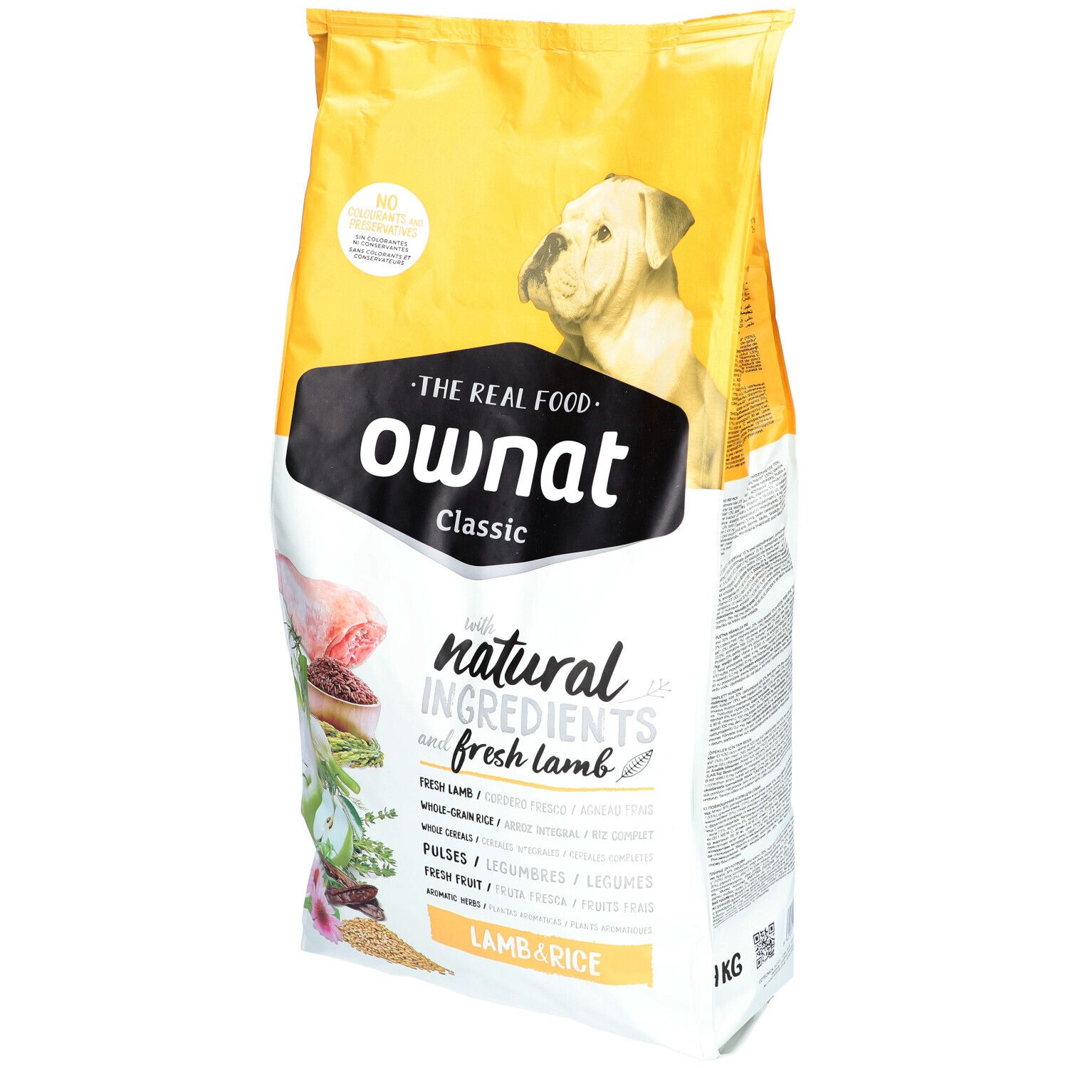 Hundefutterbeutel mit Logo und Produktnamen. Enthält Lamm und Reis. Gelb-weiße Verpackung mit Hundebild.