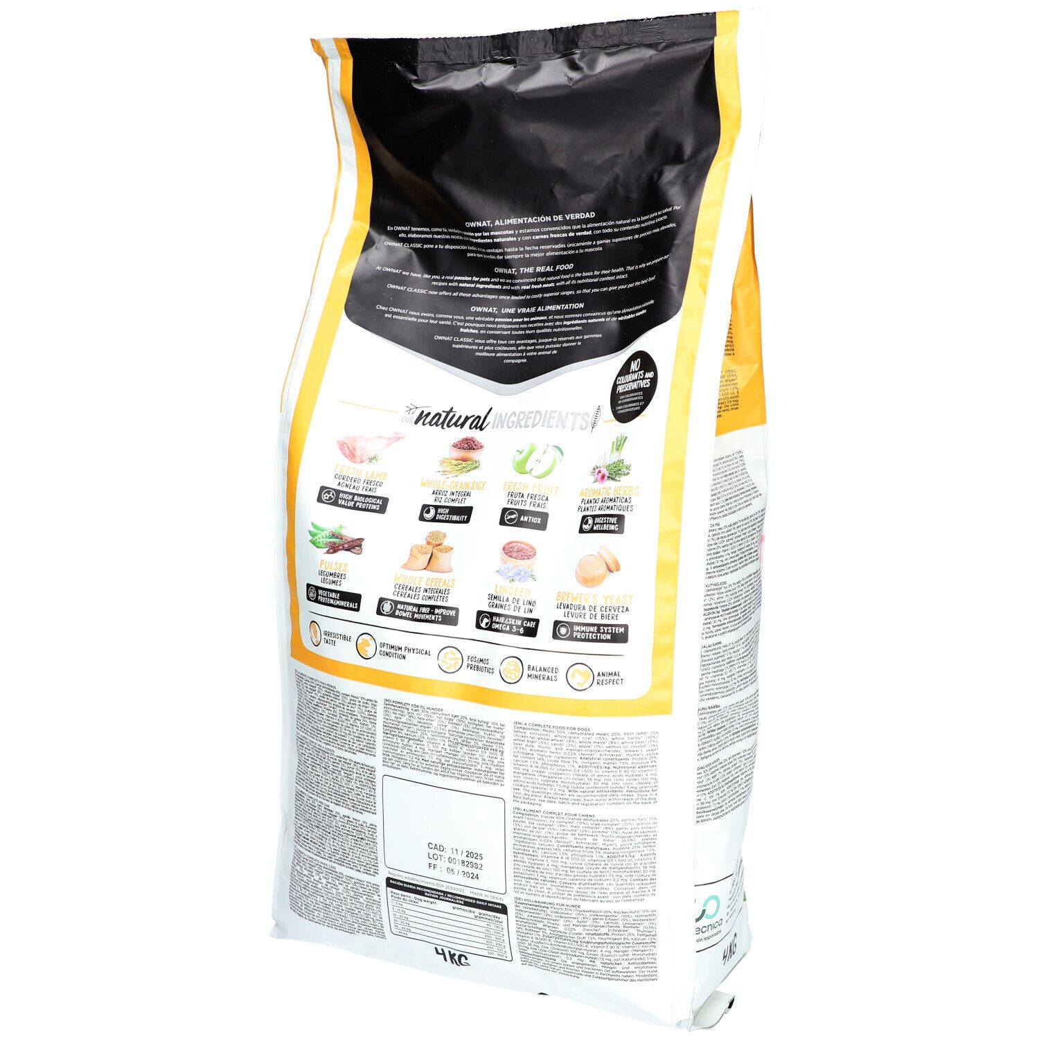 Hundefutterbeutel, Rückseite. Gelb-weiße Verpackung mit Produktinformationen und Zutaten. Enthält Lamm und Reis.