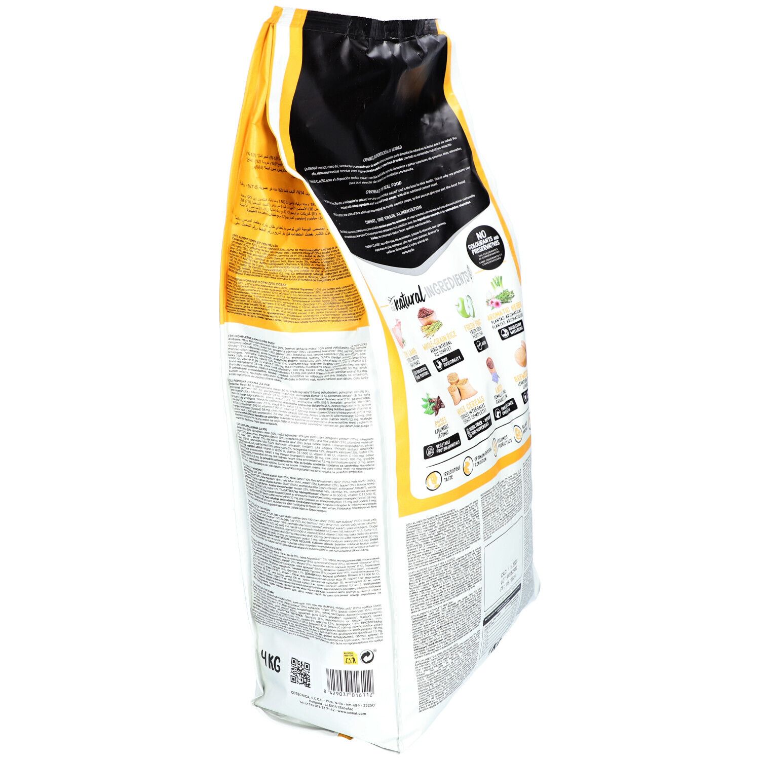 Hundefutterbeutel, Seitenansicht. Gelb-weiße Verpackung mit Produktinformationen. Enthält Lamm und Reis. 4 kg.