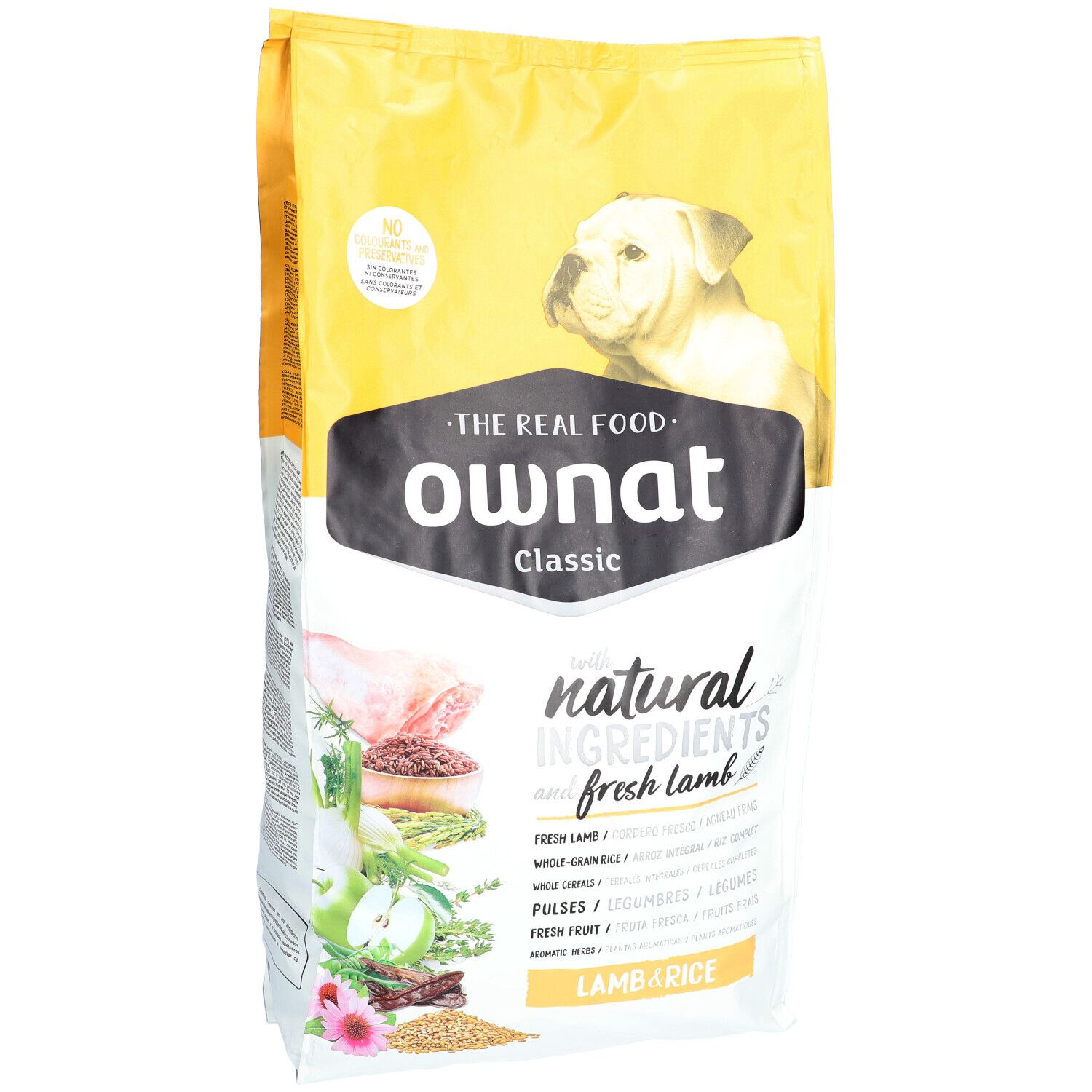 Hundefutterbeutel mit Logo und Produktnamen. Enthält Lamm und Reis. Gelb-weiße Verpackung mit Hundebild.