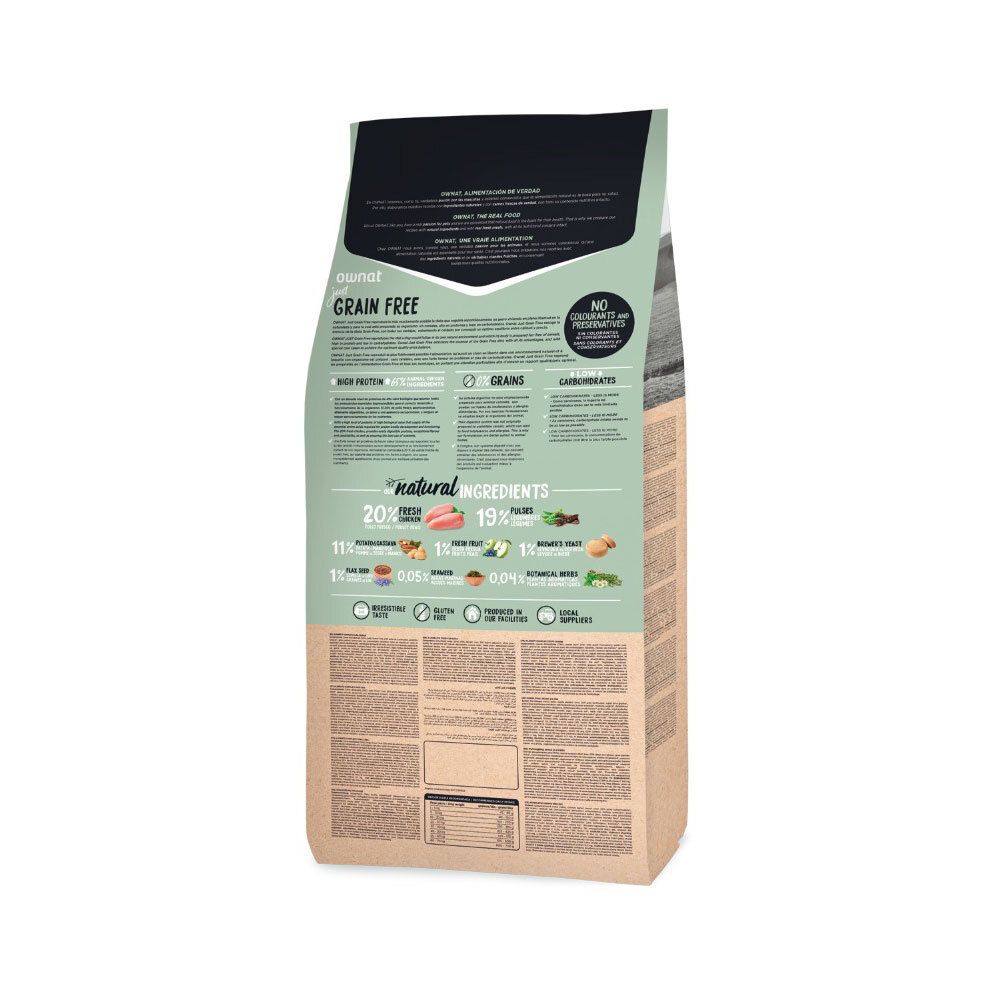 Rückseite des Hundefutterbeutels "Ownat Grain Free". Enthält Informationen zu Inhaltsstoffen, Nährwerten und Zertifizierungen.