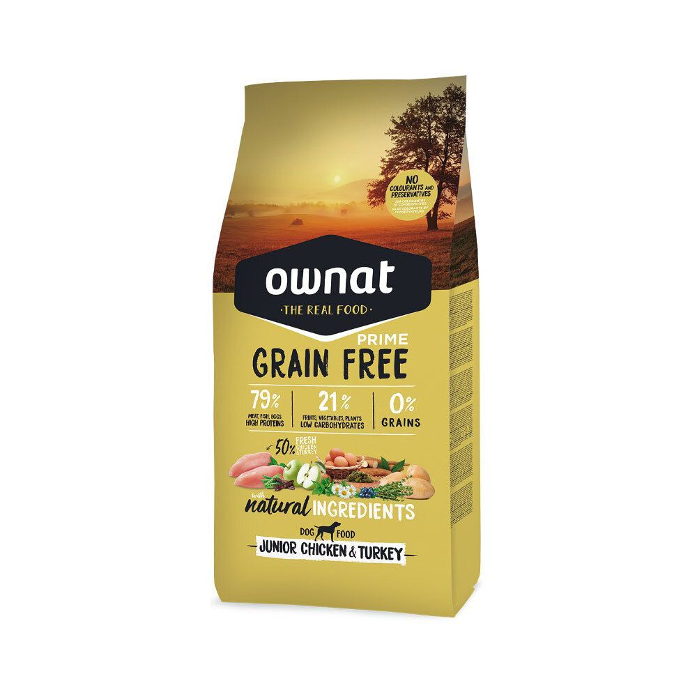 Ownat Prime Junior Chicken & Turkey Hundefutter. Gelbe Verpackung mit Produktinformationen und Abbildung von Zutaten.
