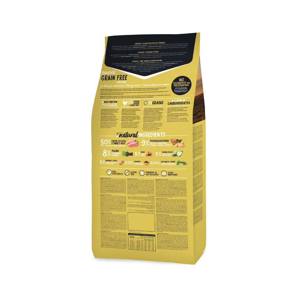 Rückseite der Ownat Prime Junior Chicken & Turkey Hundefutter-Verpackung. Enthält Informationen zu Inhaltsstoffen und Nährwerten.