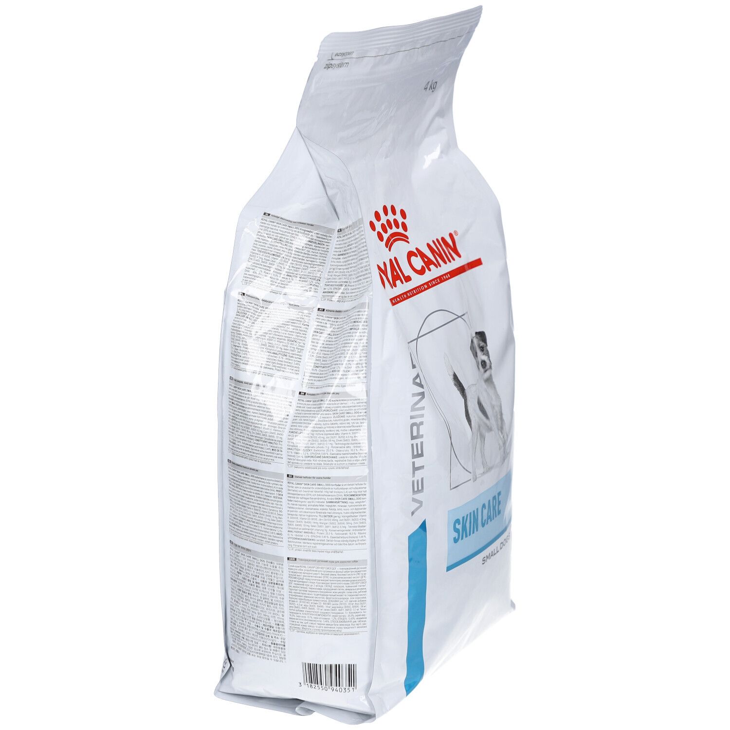 Sac blanc, vue latérale. Logo ROYAL CANIN. Nom du produit SKIN CARE. Texte et illustrations au dos.