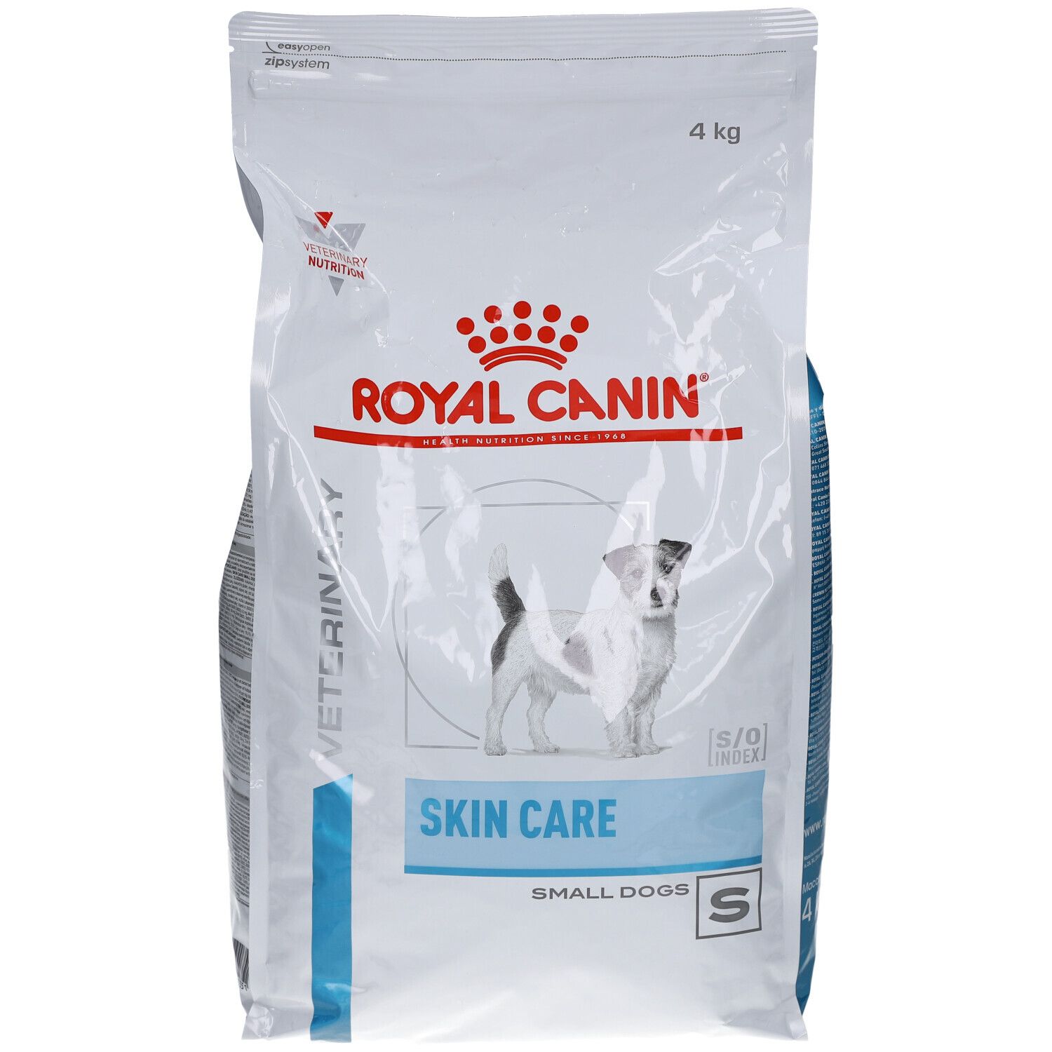 Sac blanc avec impression. Logo et texte ROYAL CANIN. Nom du produit SKIN CARE SMALL DOGS. Image d'un chien. 4 kg.
