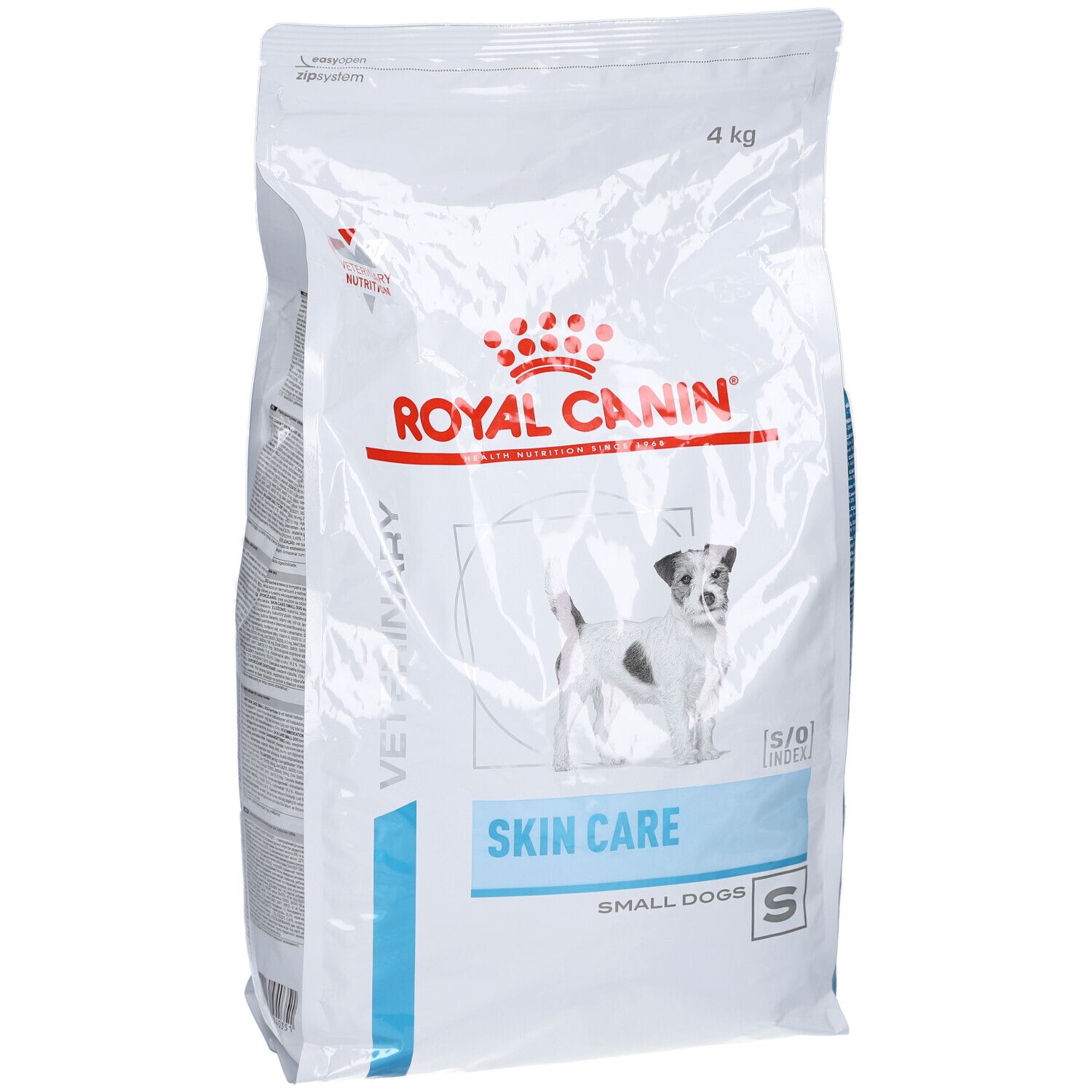 Sac blanc avec impression. Logo et texte ROYAL CANIN. Nom du produit SKIN CARE SMALL DOGS. Image d'un chien. 4 kg.