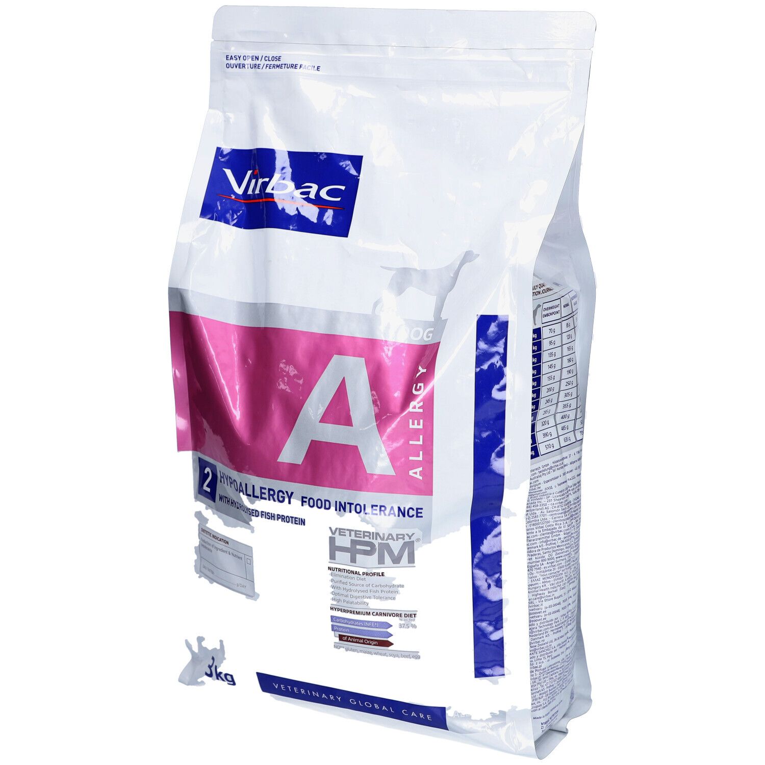 Sac de 3kg Virbac Veterinary HPM A2 Allergy. Inscriptions: A, Allergy, HPM, Veterinary, Food Intolerance.