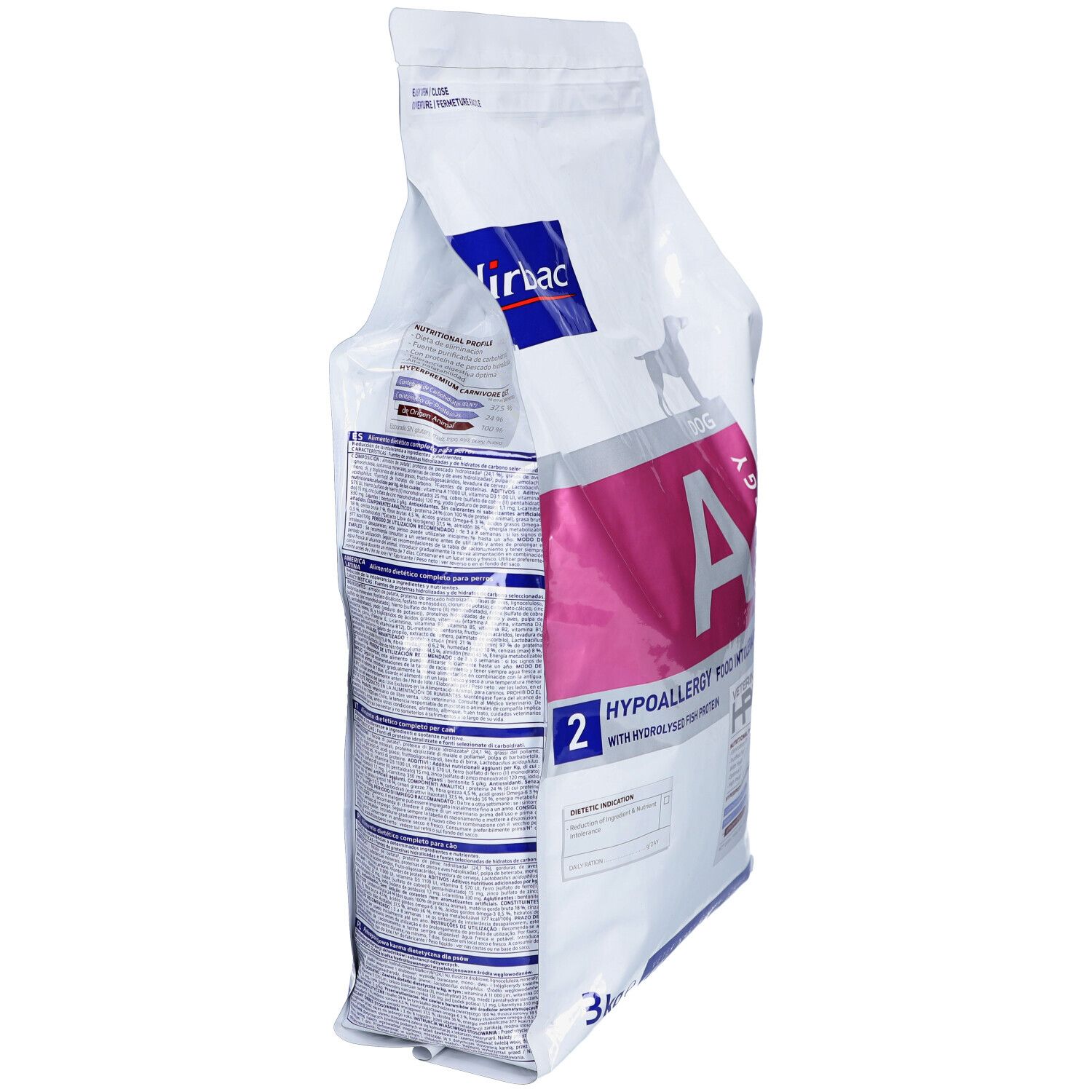 Sac de 3kg Virbac Veterinary HPM A2 Allergy. Inscriptions: A, Allergy, HPM, Veterinary, Food Intolerance.