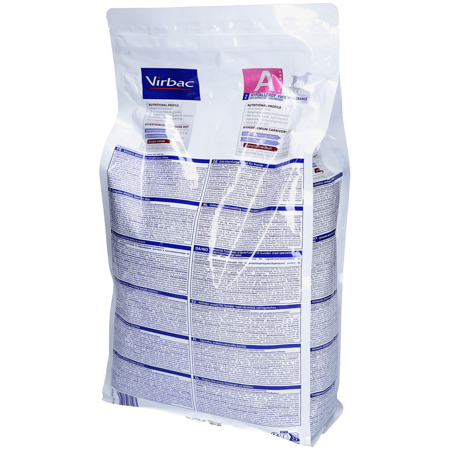 Sac de 3kg Virbac Veterinary HPM A2 Allergy. Inscriptions: A, Allergy, HPM, Veterinary, Food Intolerance.