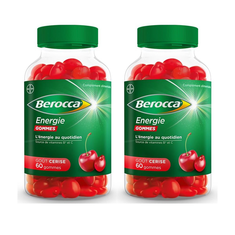 Zwei Flaschen Berocca Energie GOMMES. Rote Gummibärchen in transparenten Behältern. Grüne Deckel. Kirschgeschmack, 60 Gummis.