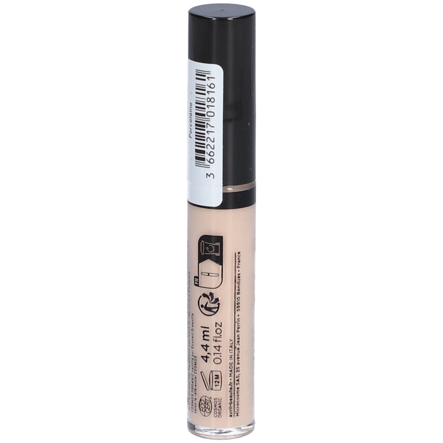 Flüssiger Concealer, Porzellan-Farbe. Schwarzer Deckel, transparente Flasche. Barcode und Angaben zur Größe.