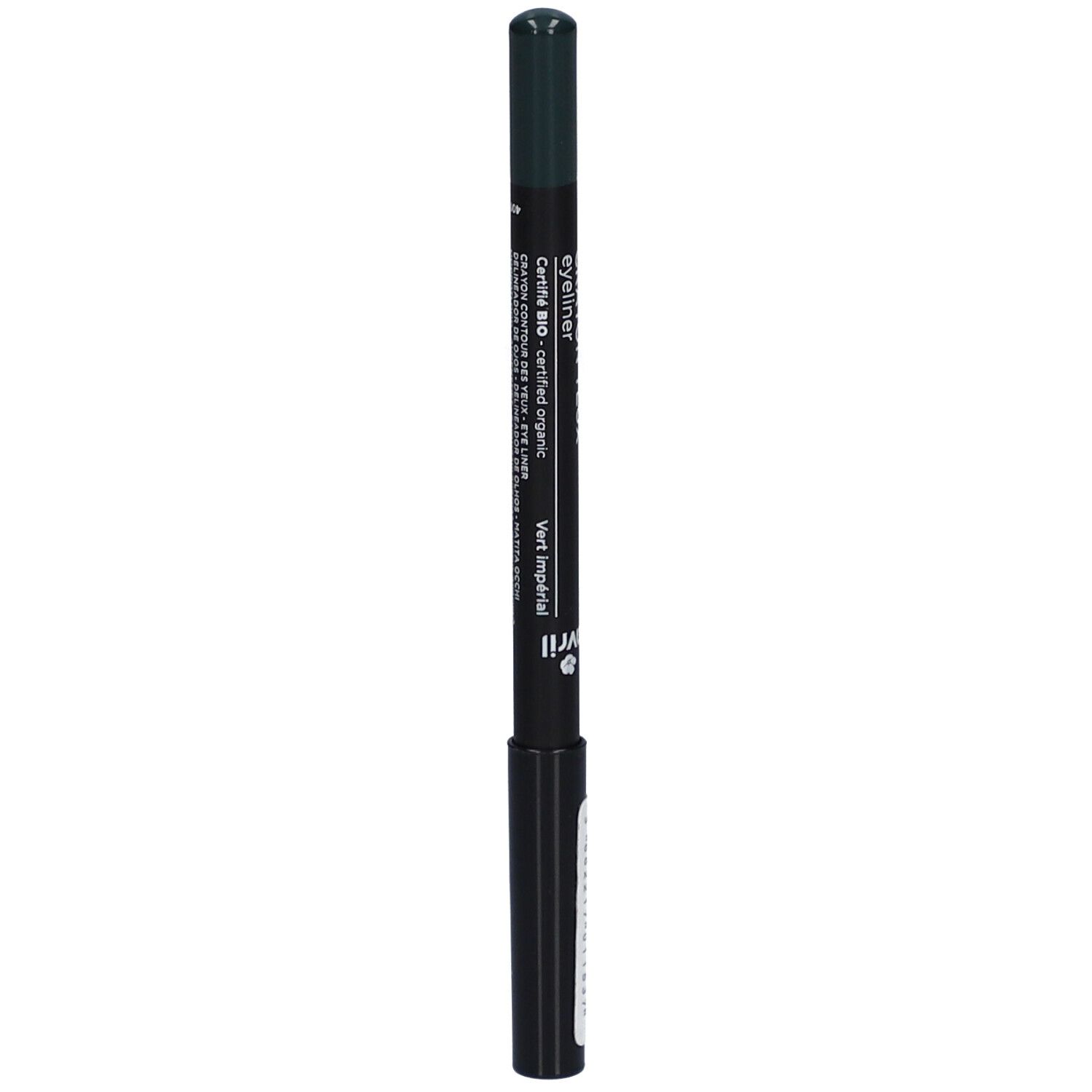 Crayon pour les yeux vert. Inscription: Crayon Yeux Eyeliner. Avec certification bio.