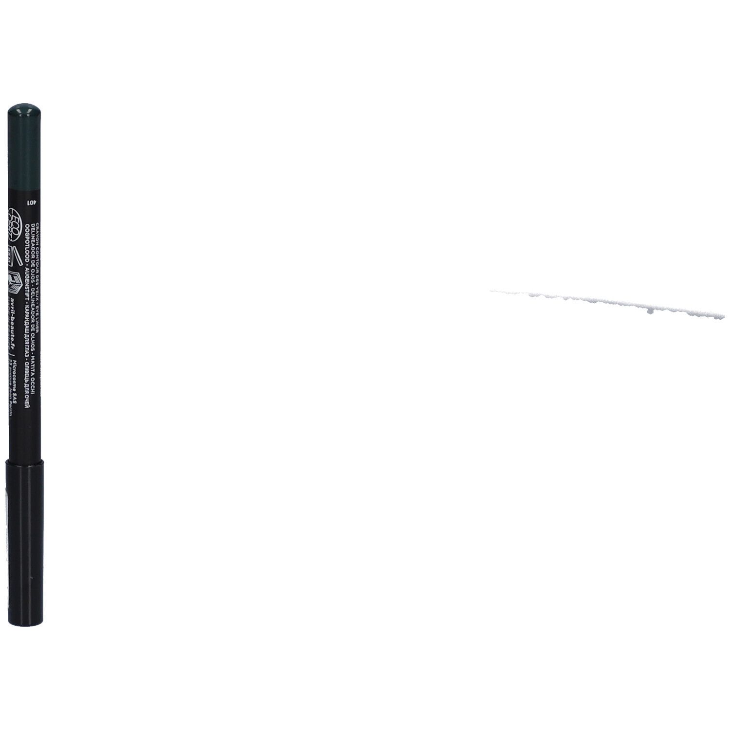 Crayon pour les yeux vert. Inscription: Crayon Yeux Eyeliner. Avec certification bio.