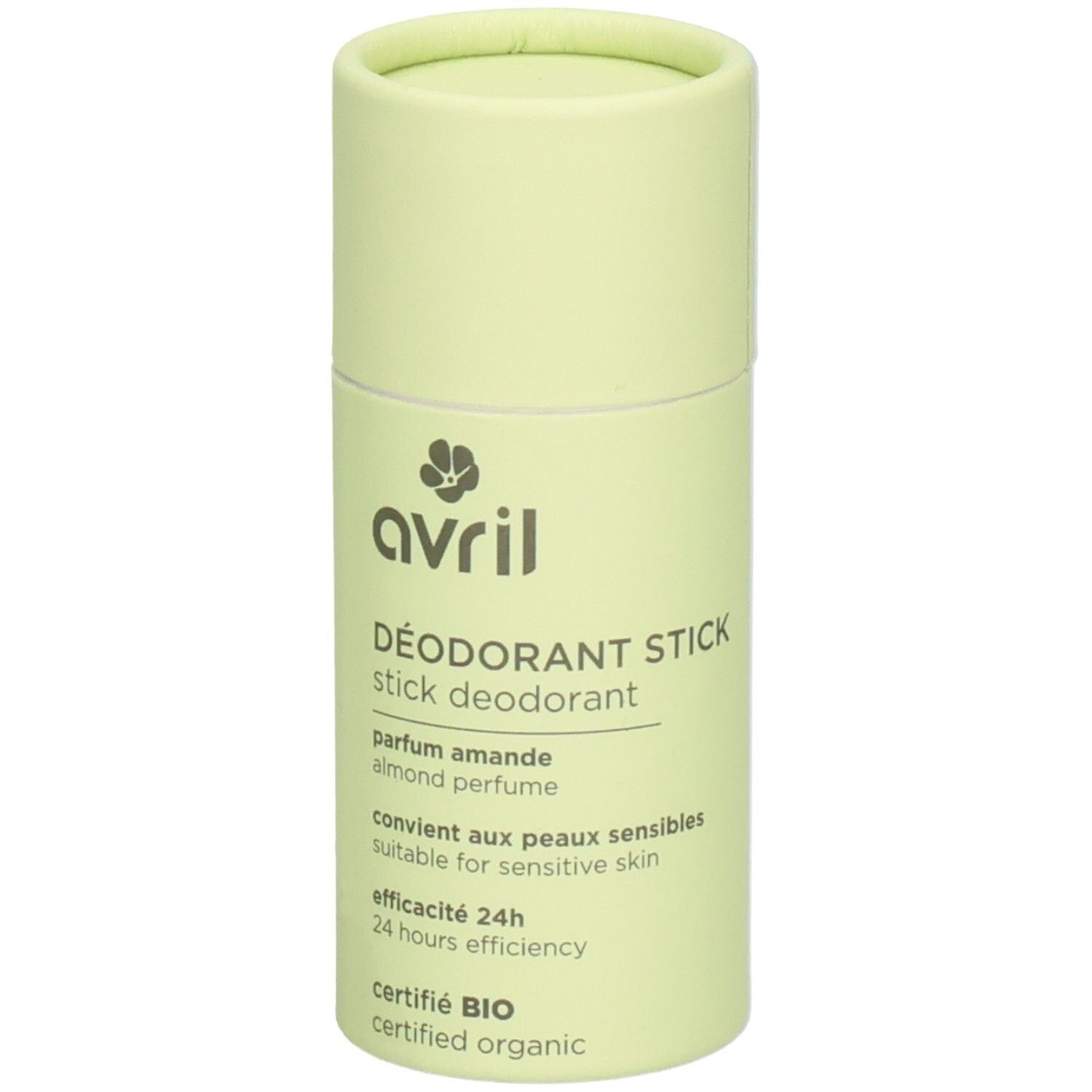 Stick déodorant Avril, emballage vert clair. Nom du produit et certification visibles. Texte : 'Déodorant Stick', 'parfum amande'.