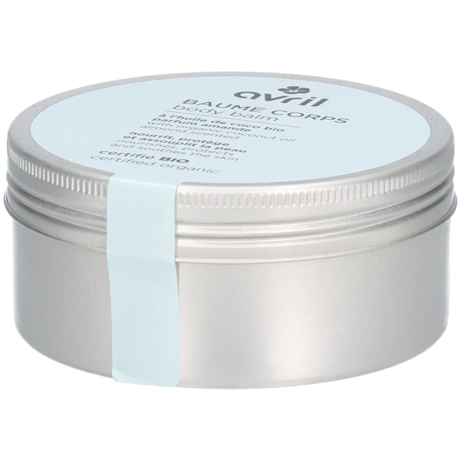 Silberfarbene Dose mit hellblauem Deckel. Aufschrift: Avril, Baume Corps, Body Balm. Zertifiziert Bio. Ein hellblauer Aufkleber.