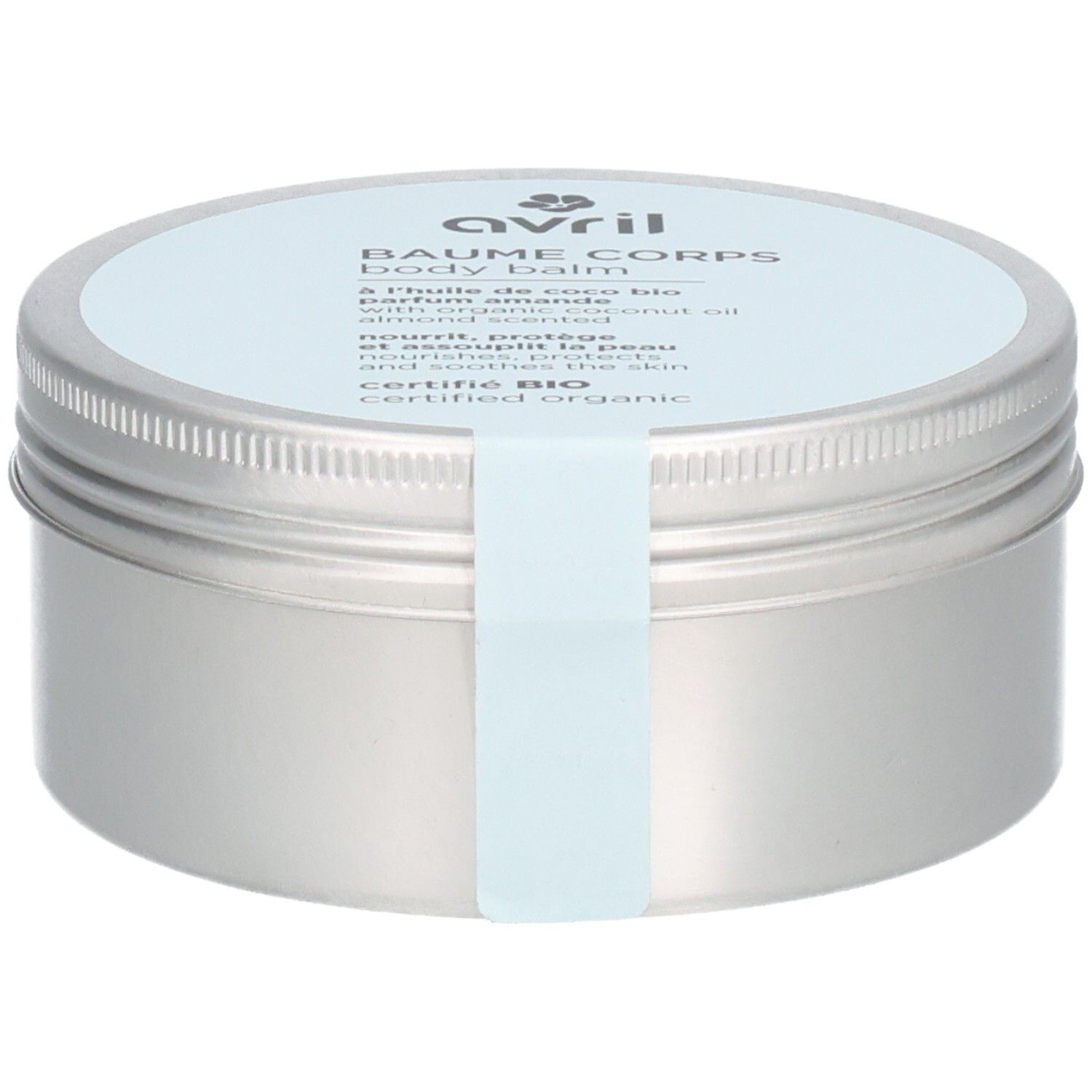 Silberfarbene Dose mit hellblauem Deckel. Aufschrift: Avril, Baume Corps, Body Balm. Zertifiziert Bio. Ein hellblauer Aufkleber.