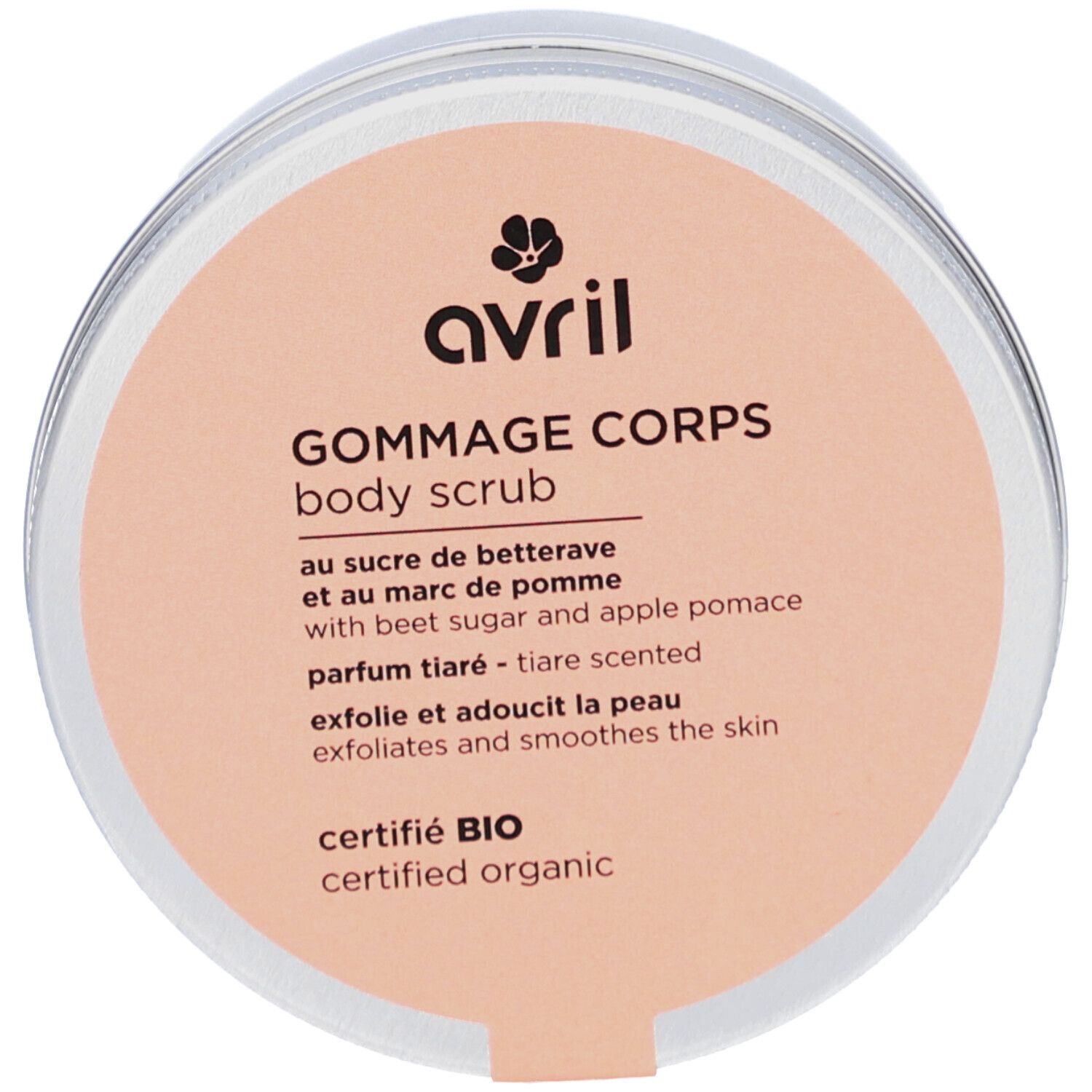 Pot rond avec couvercle. Inscription: AVRIL Gommage Corps. Certifié BIO. Texte en français et anglais.