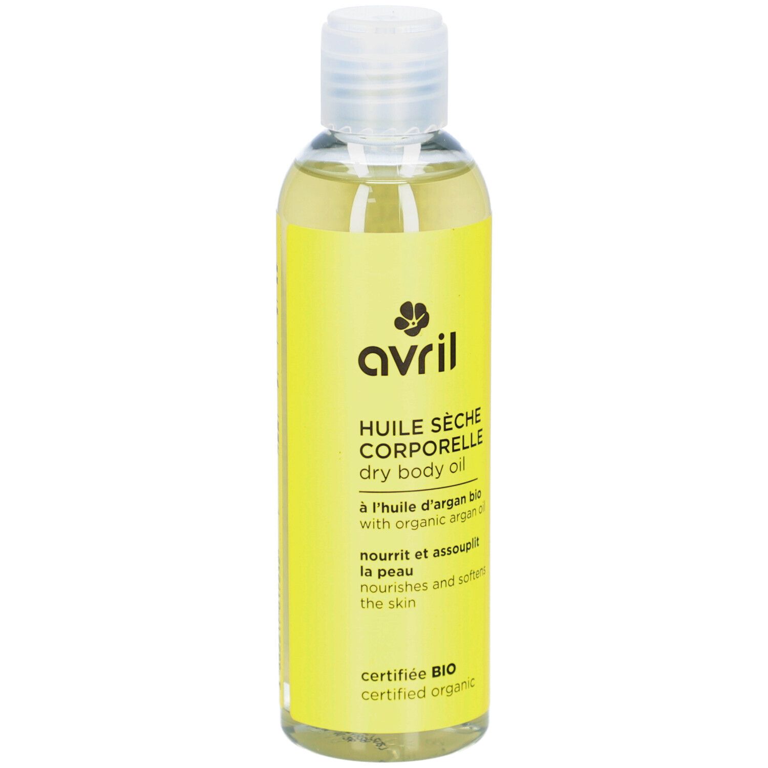 Flacon jaune d'huile sèche. Inscription: Avril, Huile Sèche Corporelle, dry body oil. Certification bio.