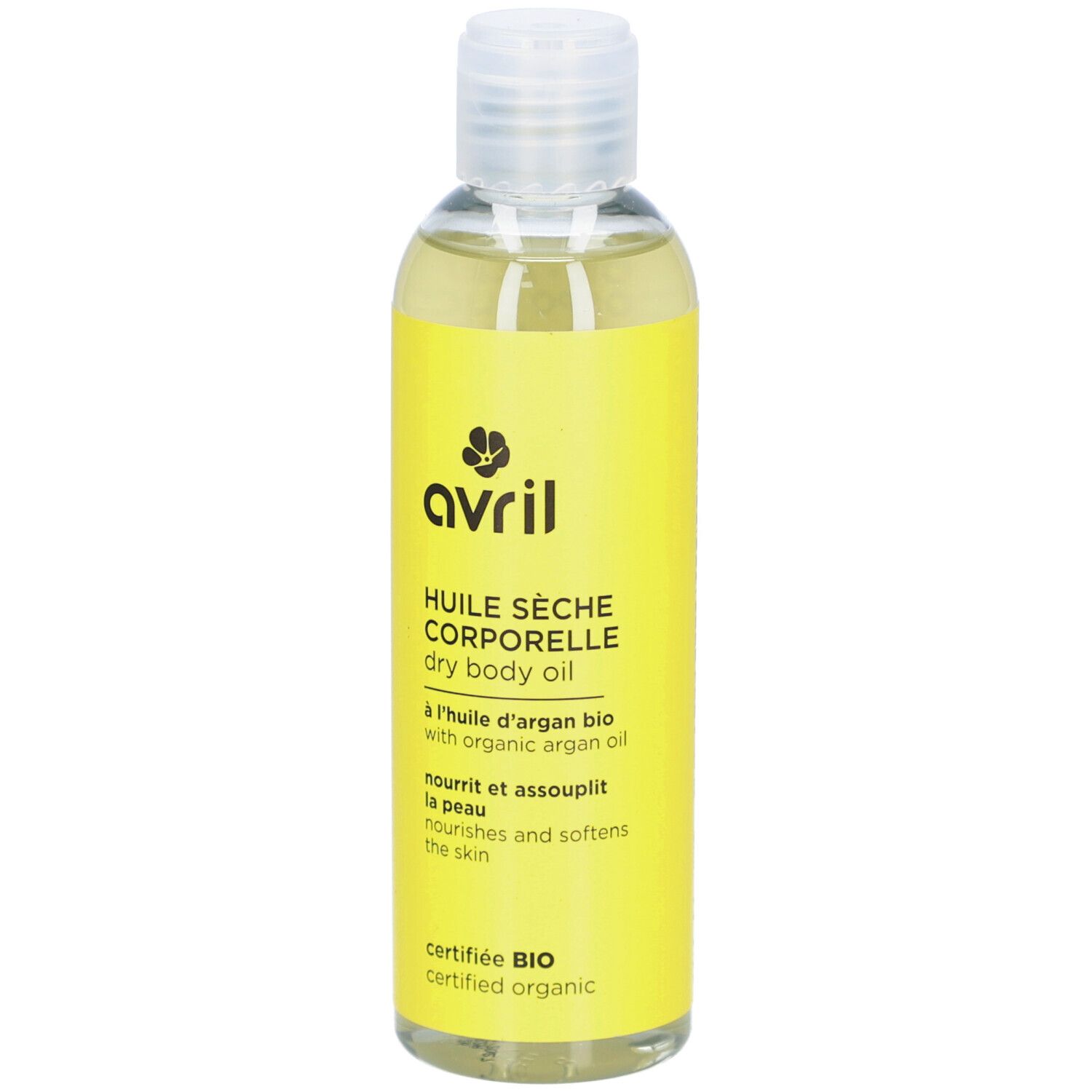 Flacon jaune d'huile sèche. Inscription: Avril, Huile Sèche Corporelle, dry body oil. Certification bio.
