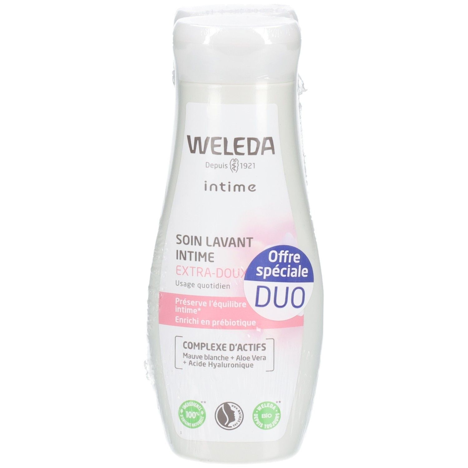 Weleda Intime, Flasche. Weiß, rosa Akzente. Text: Intime, Soin lavant, Duo. Bio-Zertifizierung.
