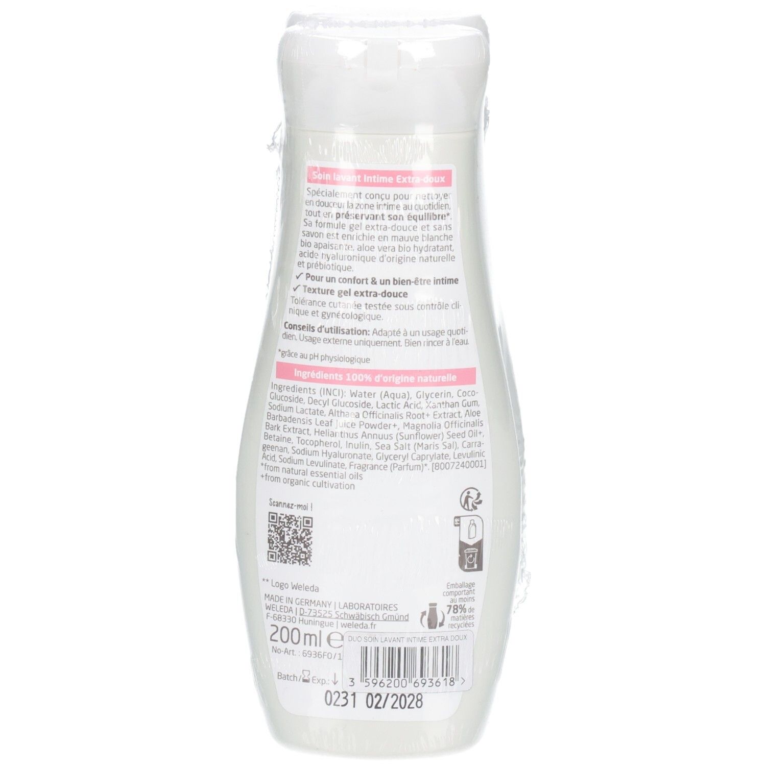 Rückseite der Weleda Intime Flasche. Text: Inhaltsstoffe, 200ml, QR-Code, Haltbarkeit. Bio-Zertifizierung.