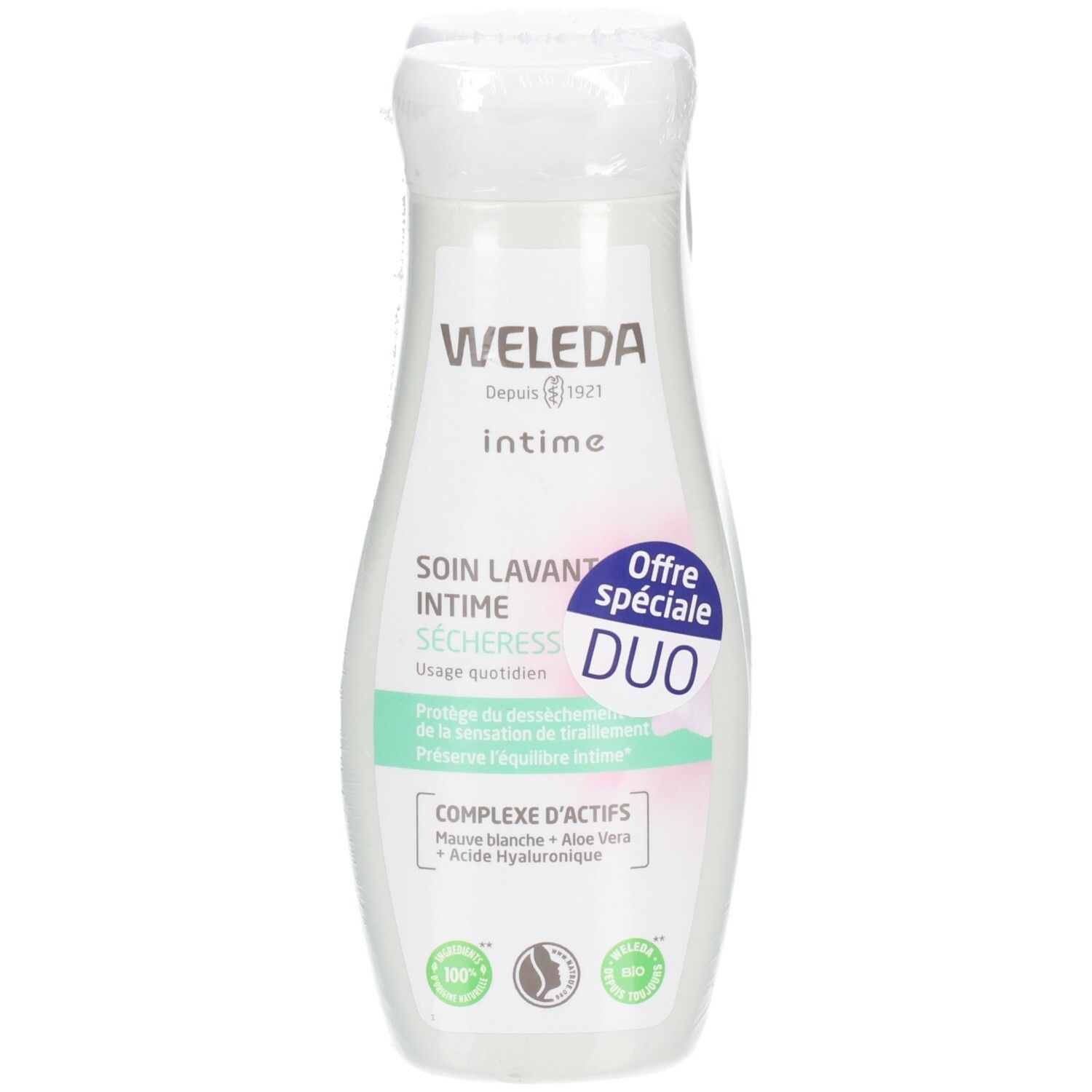 Weleda Intime Waschgel. Weiße Flasche mit Etikett. Text: SOIN LAVANT INTIME SECHERESS, DUO, COMPLEXE ACTIFS. Bio-Siegel.