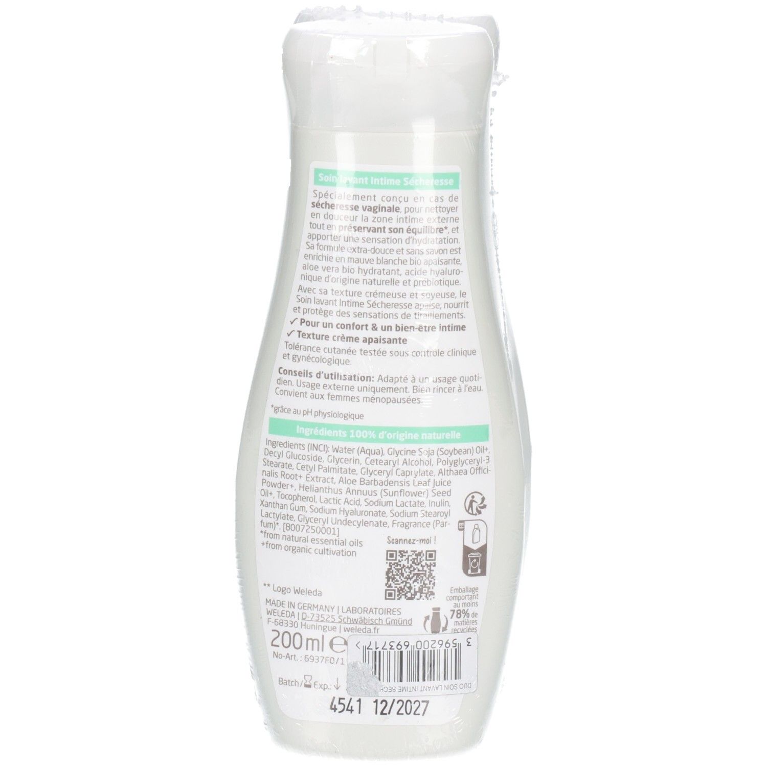Rückseite der Weleda Intime Flasche. Text: Inhaltsstoffe, Gebrauchsanweisung, 200 ml, Mindesthaltbarkeit. Bio-Siegel.
