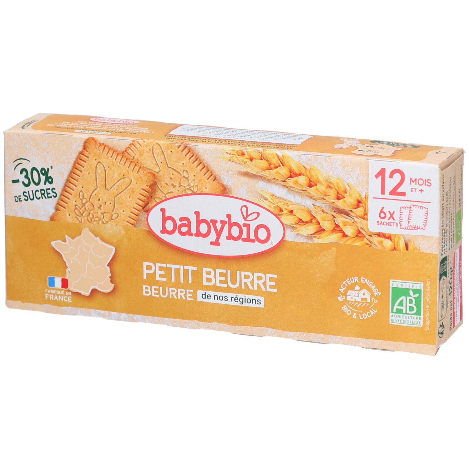 Verpackung mit Babybio Petit Beurre Keksen. Aufdrucke: -30% Zucker, 12 Monate+, 6 Beutel, AB-Bio-Siegel, Hergestellt in Frankreich.