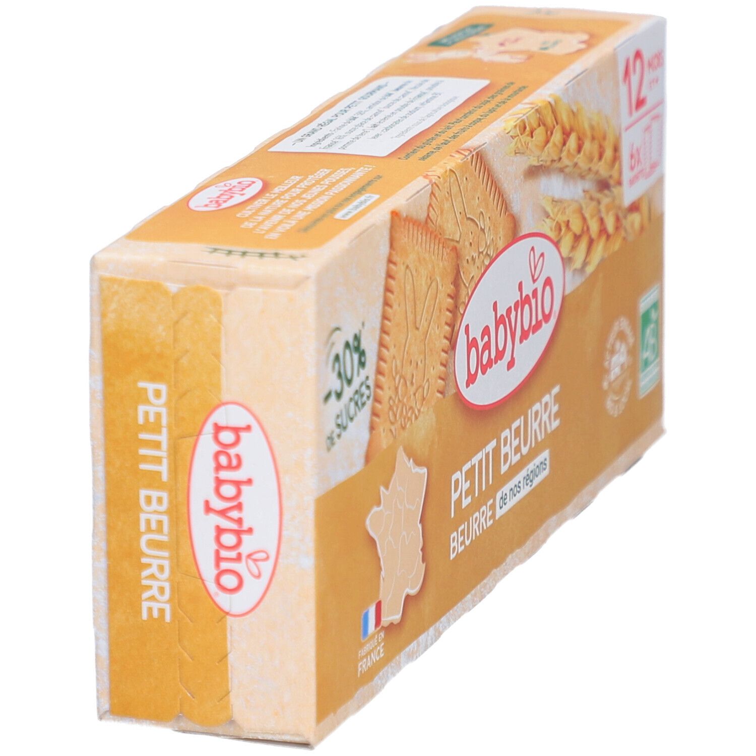 Schrägansicht der Babybio Petit Beurre Keksverpackung. Aufdrucke: Babybio, Petit Beurre, -30% Zucker, 12 Monate+, AB-Bio-Siegel.