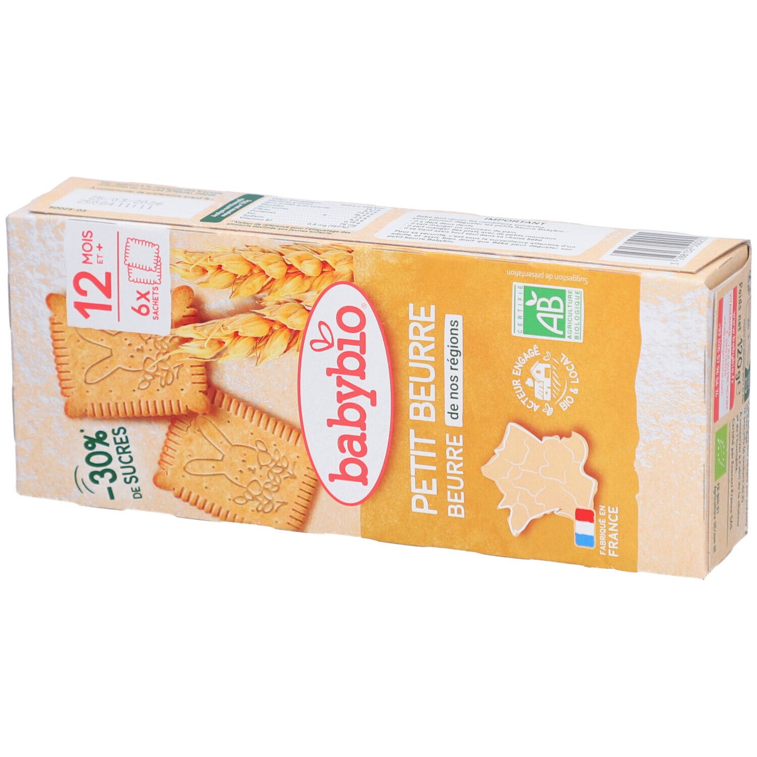 Babybio Petit Beurre Keksverpackung. Aufdrucke: Babybio, Petit Beurre, -30% Zucker, 12 Monate+, 6 Beutel, AB-Bio-Siegel, Hergestellt in Frankreich.