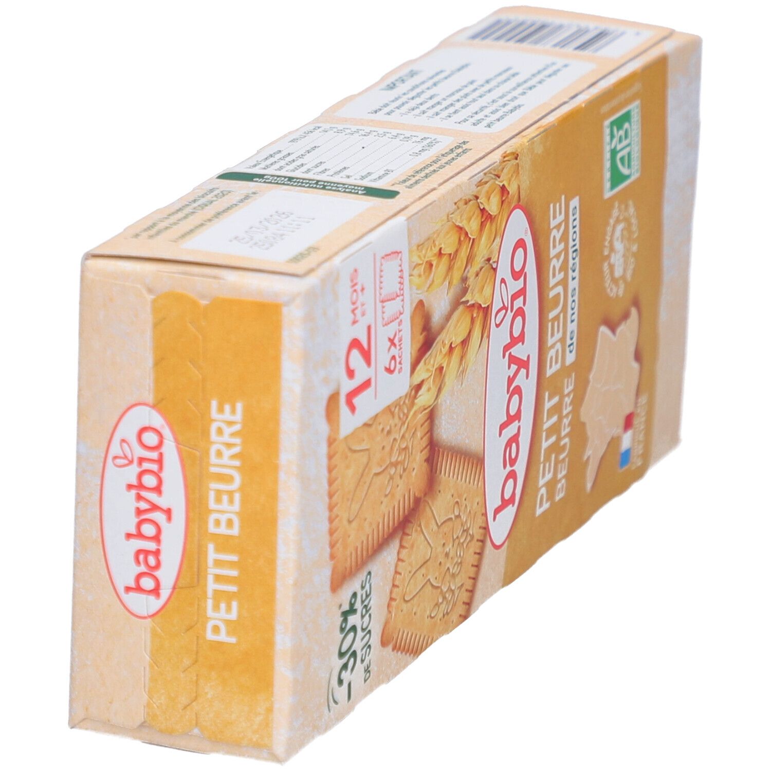 Schrägansicht der Babybio Petit Beurre Keksverpackung. Aufdrucke: Babybio, Petit Beurre, -30% Zucker, 12 Monate+, AB-Bio-Siegel.